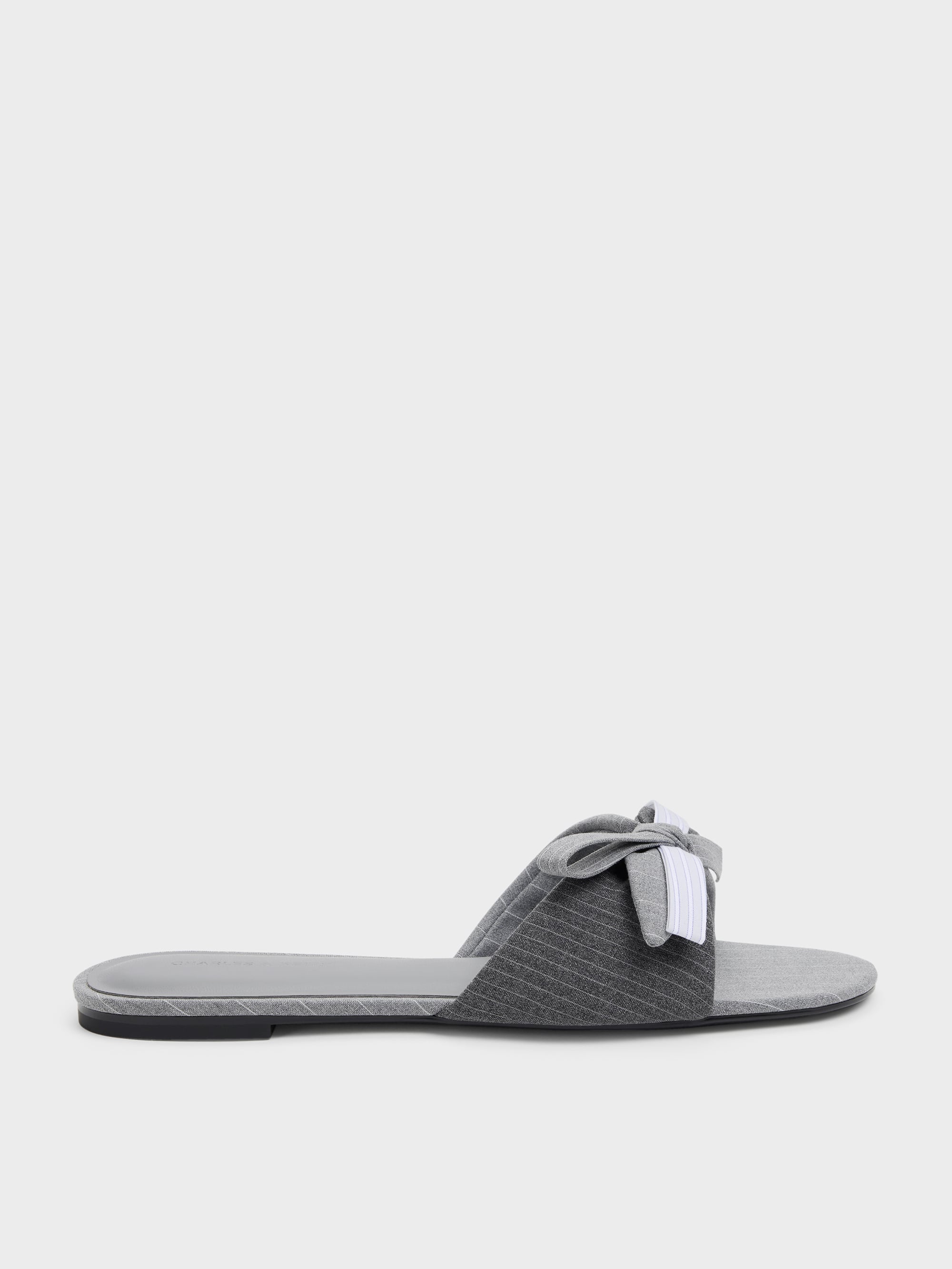 Charles & Keith - Striped Bow Slide Sandals In Grey