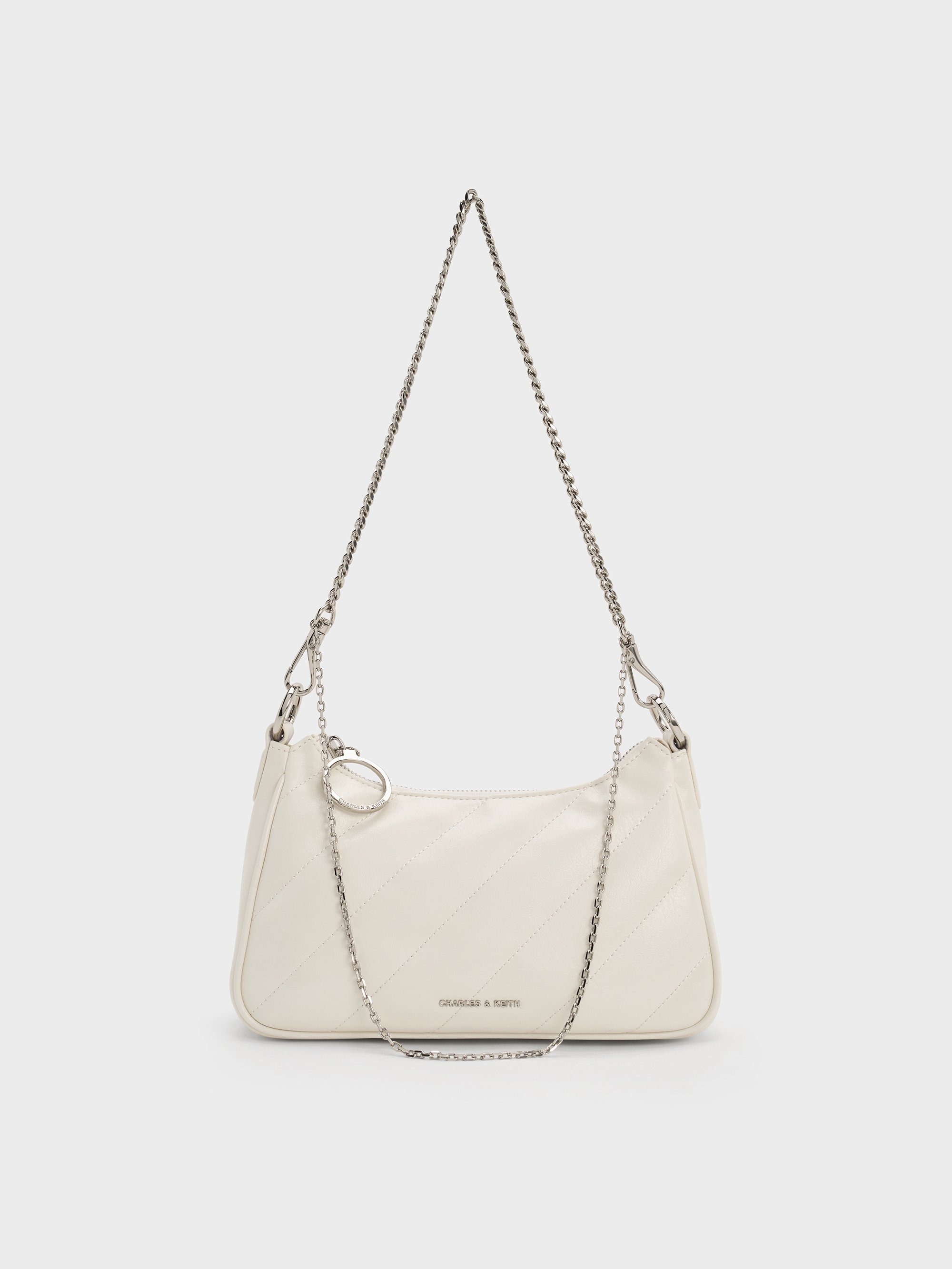 Charles & Keith - Philomena Crinkle-effect Chain-strap Crossbody Bag In White