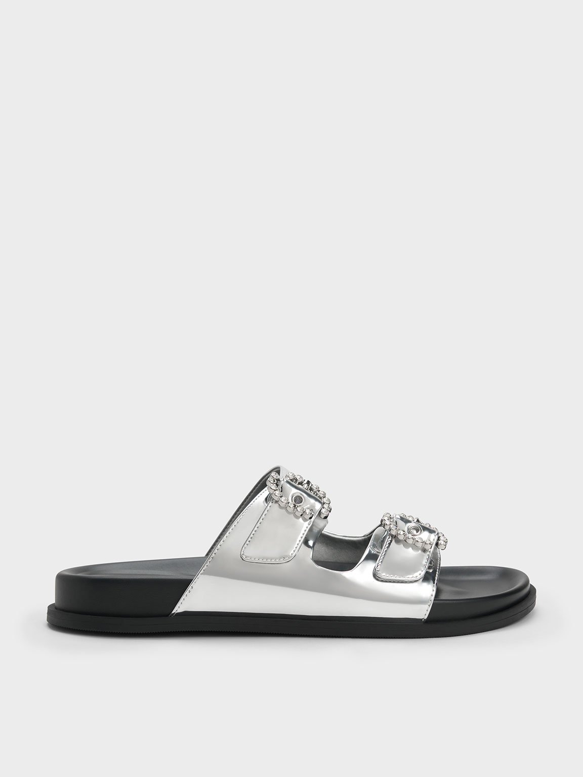 Silver Embellished Buckle Metallic Sandals - CHARLES & KEITH US