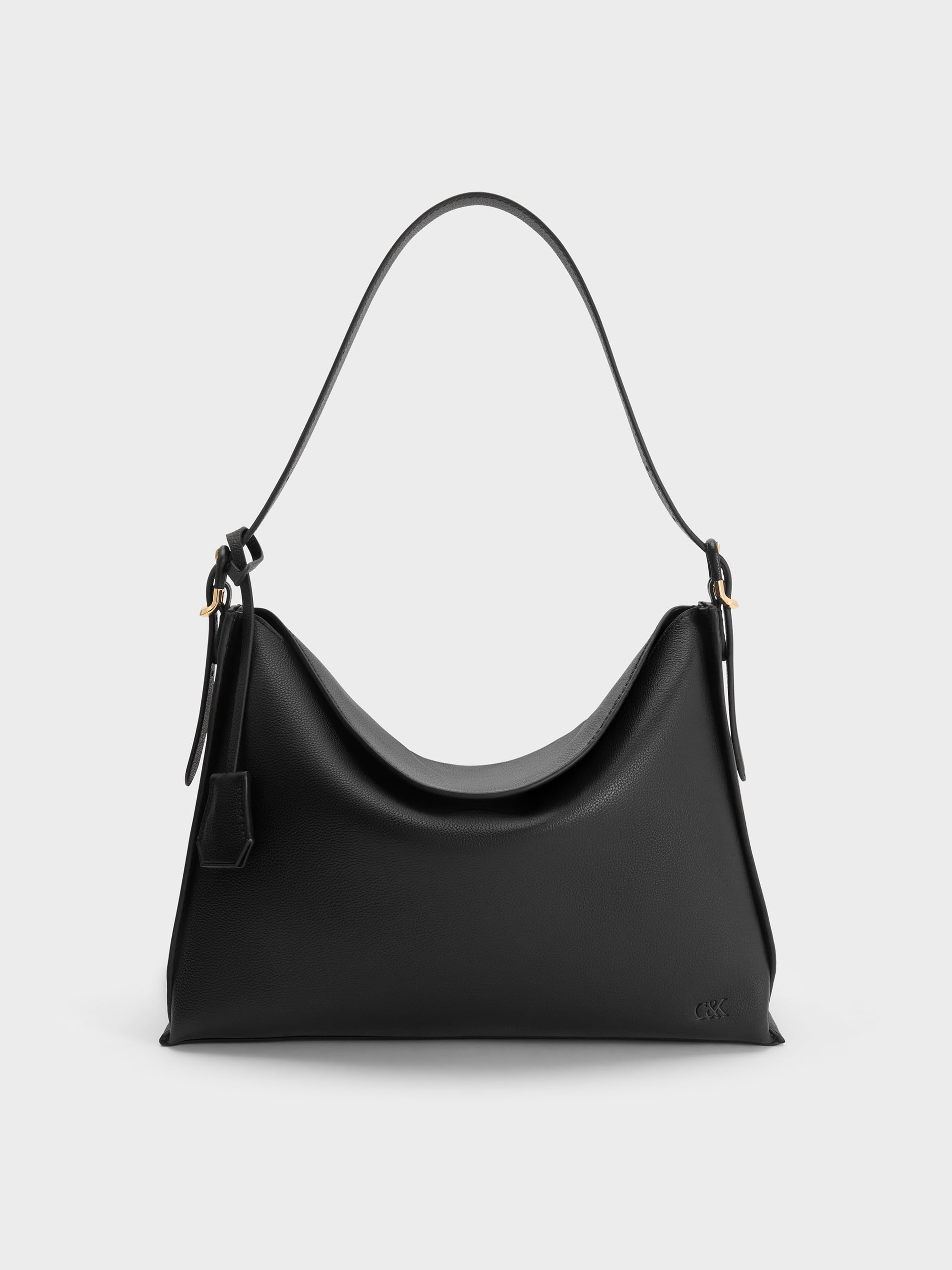 Large Leather Top-Flap Hobo Bag - Black - CHARLES & KEITH CA