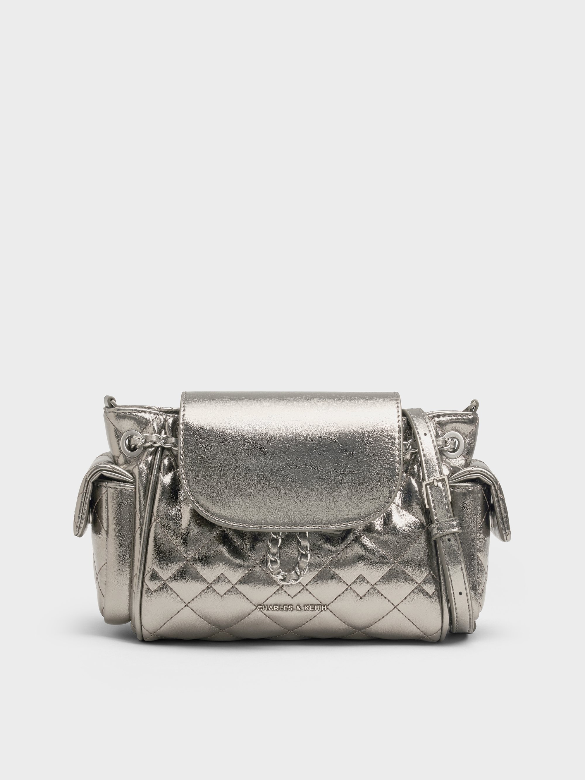 CHARLES & KEITH 2way バック Cream Duo Quilted Two-Way Front Flap Backpack - CHARLES