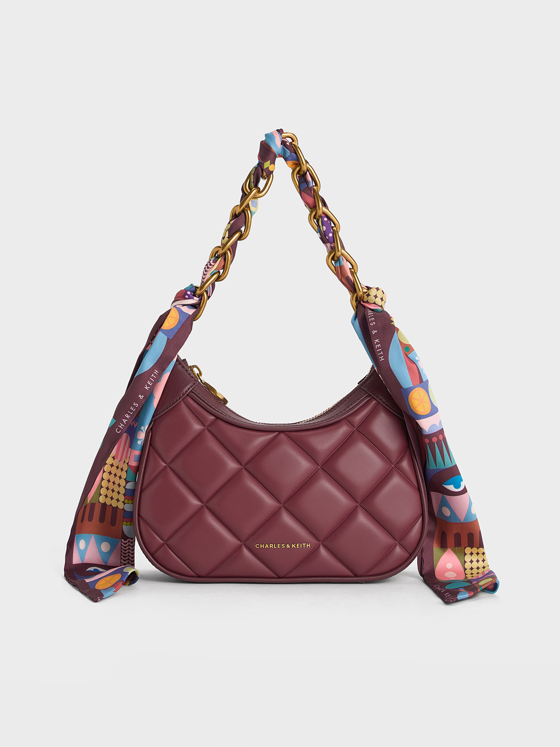 Charles & Keith Mini Alcott Scarf Handle Quilted Bag In Burgundy