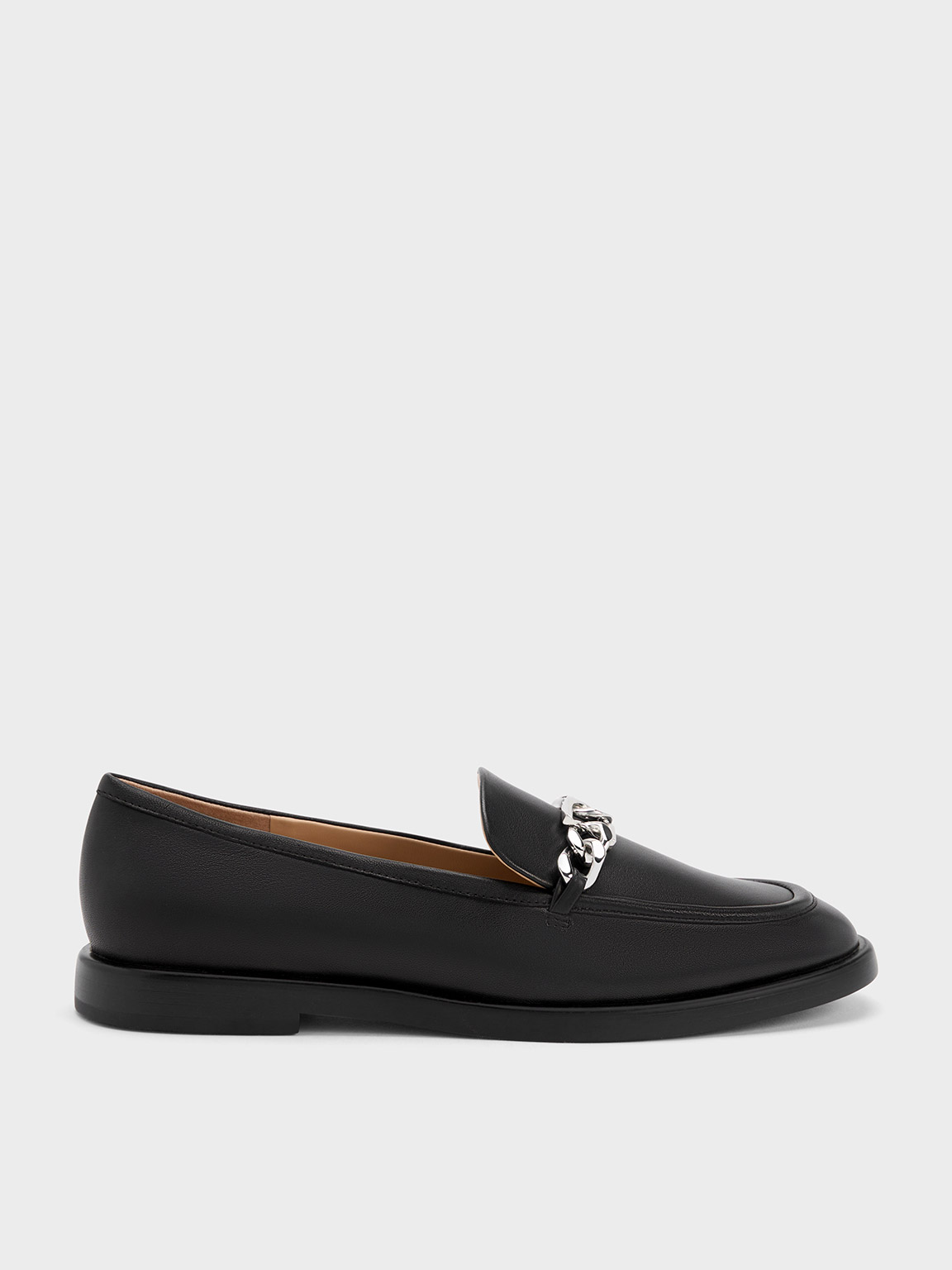 Charles & Keith Gabine Chain-link Leather Loafers In Black