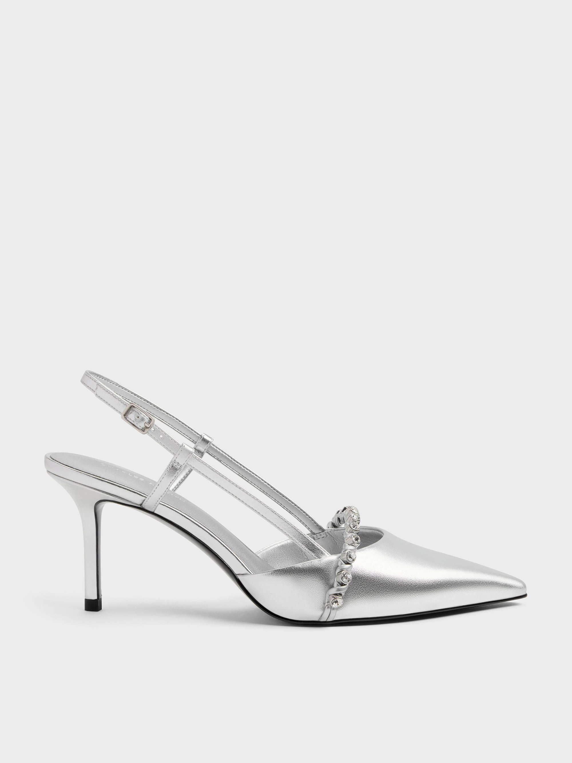 Metallic Crystal Slingback Pumps - Silver - CHARLES & KEITH CA