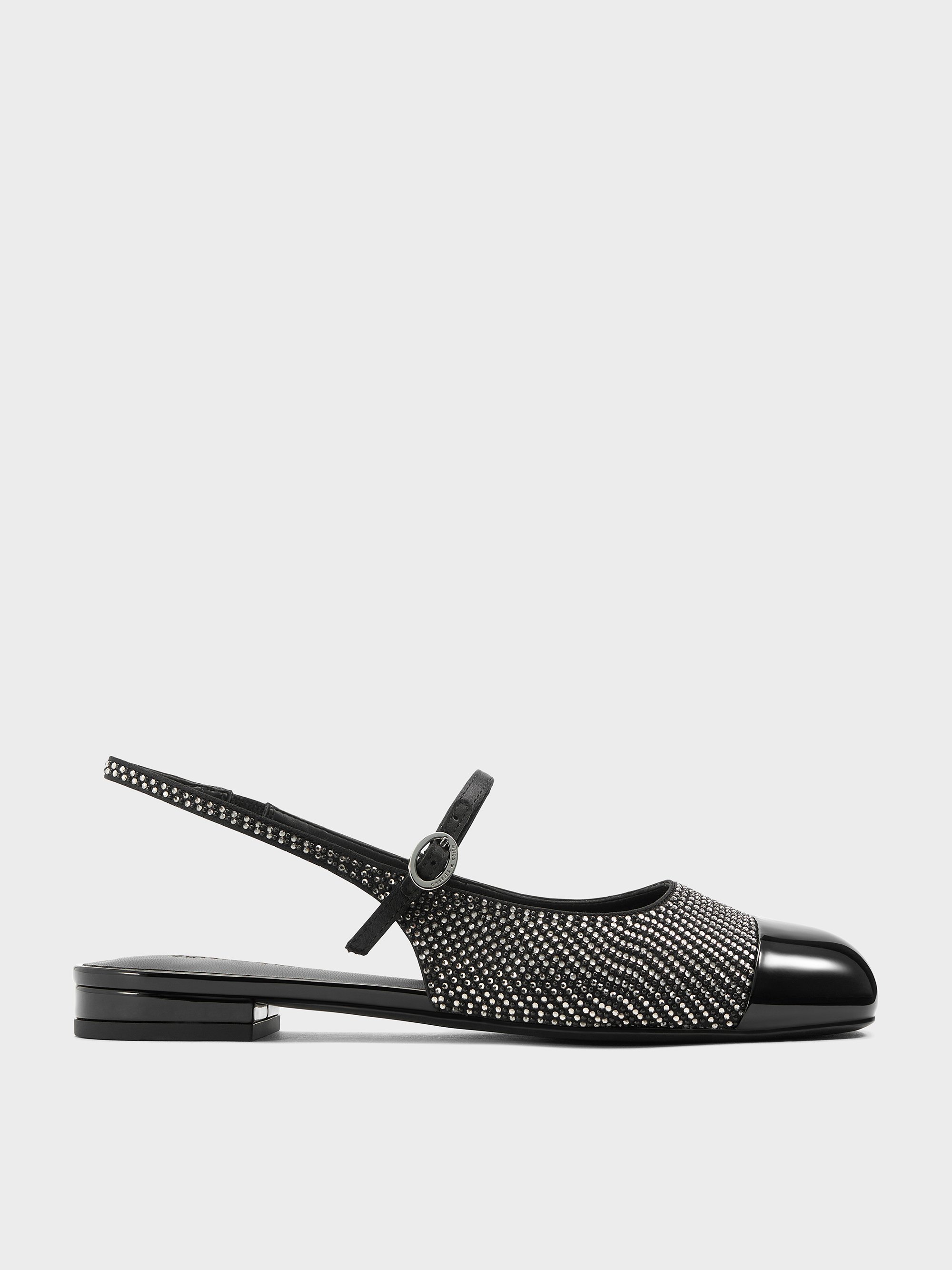 Black Textured Pearl & Crystal-Embellished Cap-Toe Slingback