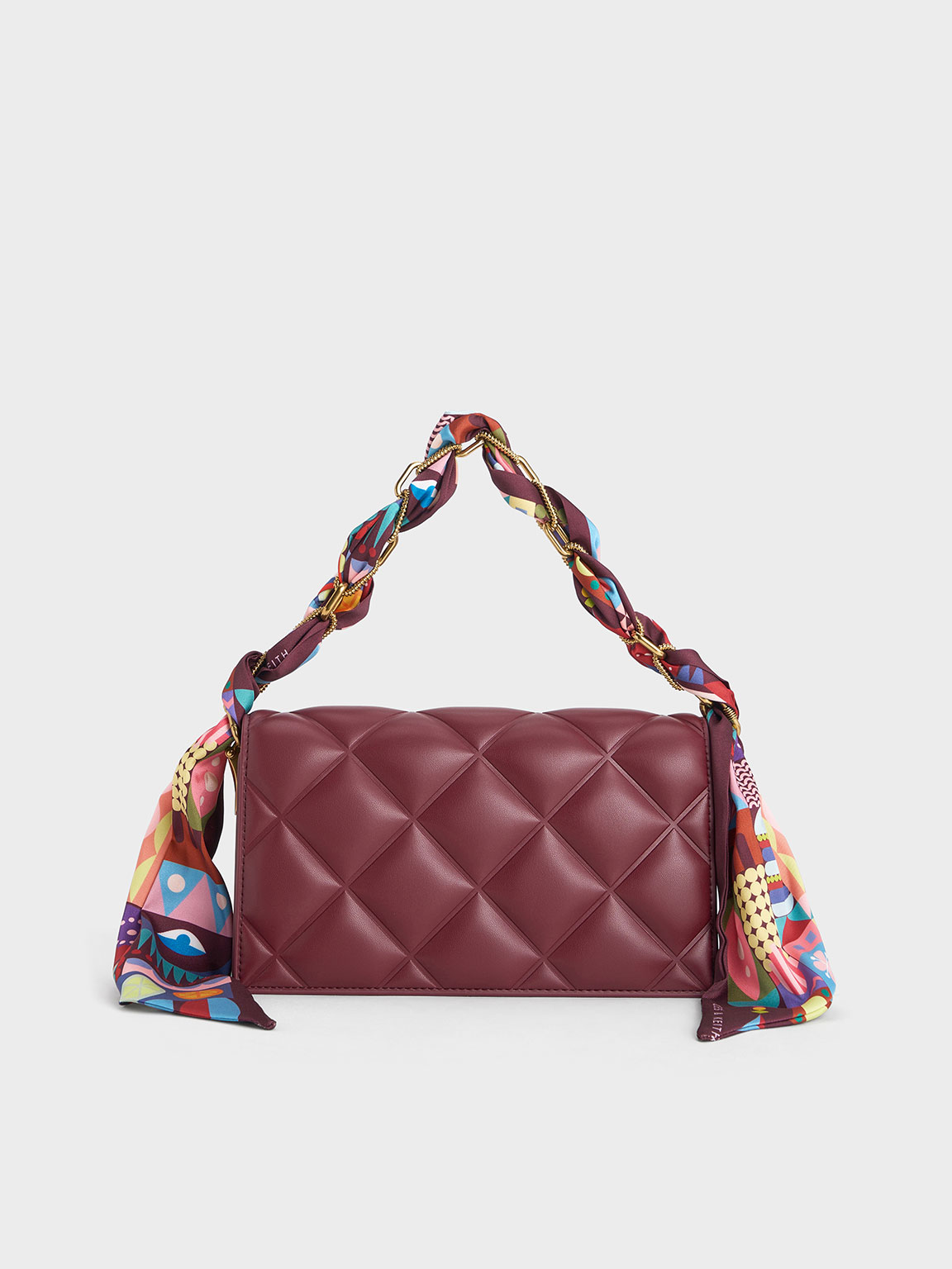 Charles & Keith Alcott Scarf Handle Quilted Clutch In Burgundy