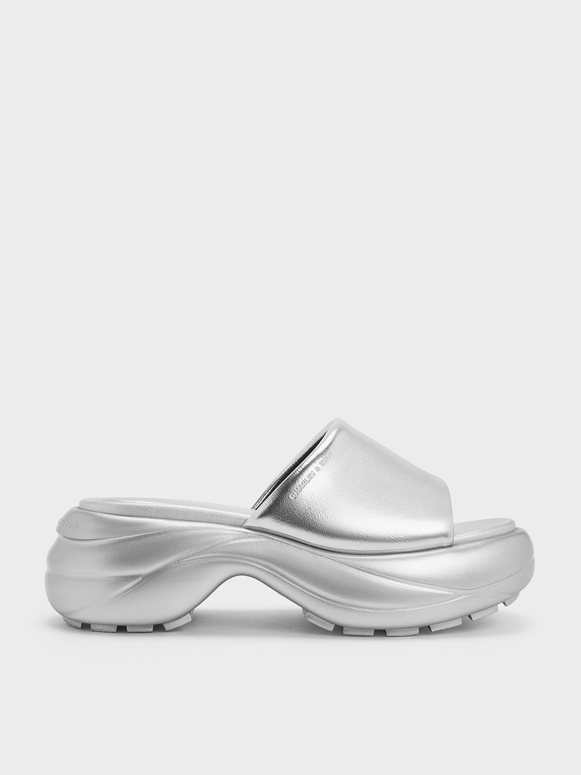 Shop Charles & Keith - Metallic Wide-strap Curved Platform Sports Sandals In Silver