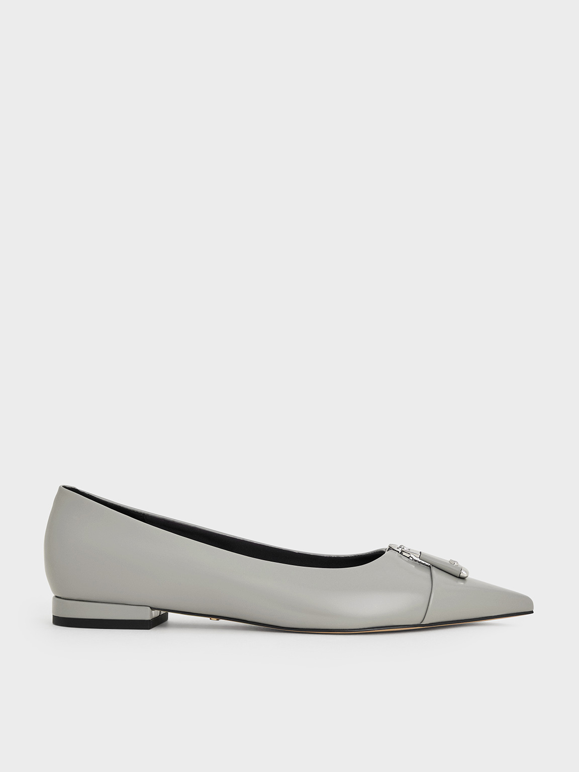 Charles & Keith - Nina Leather Pointed Cap-toe Flats In Grey