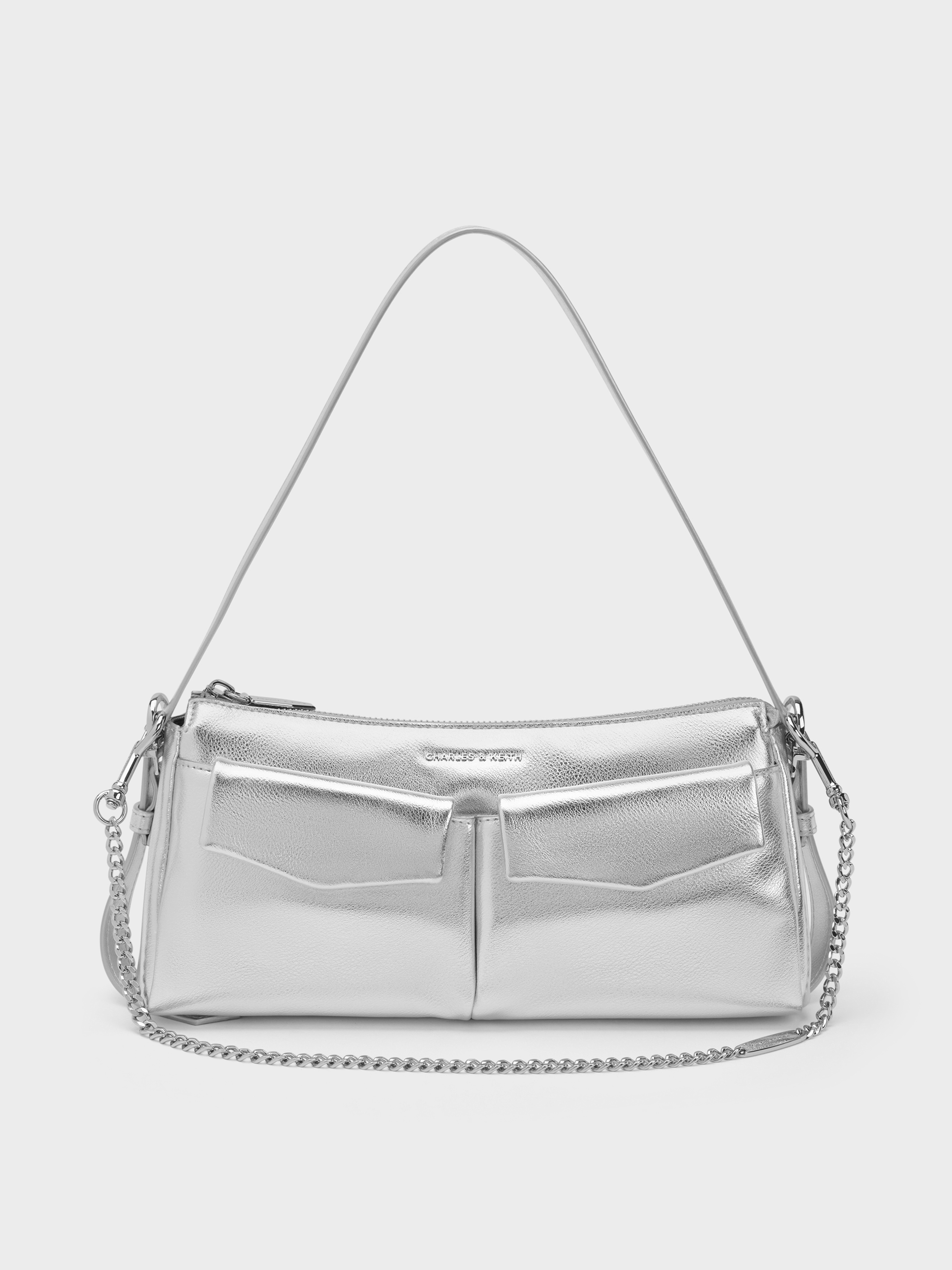 Rachel Metallic Front-Pocket Chain Shoulder Bag - Silver - CHARLES