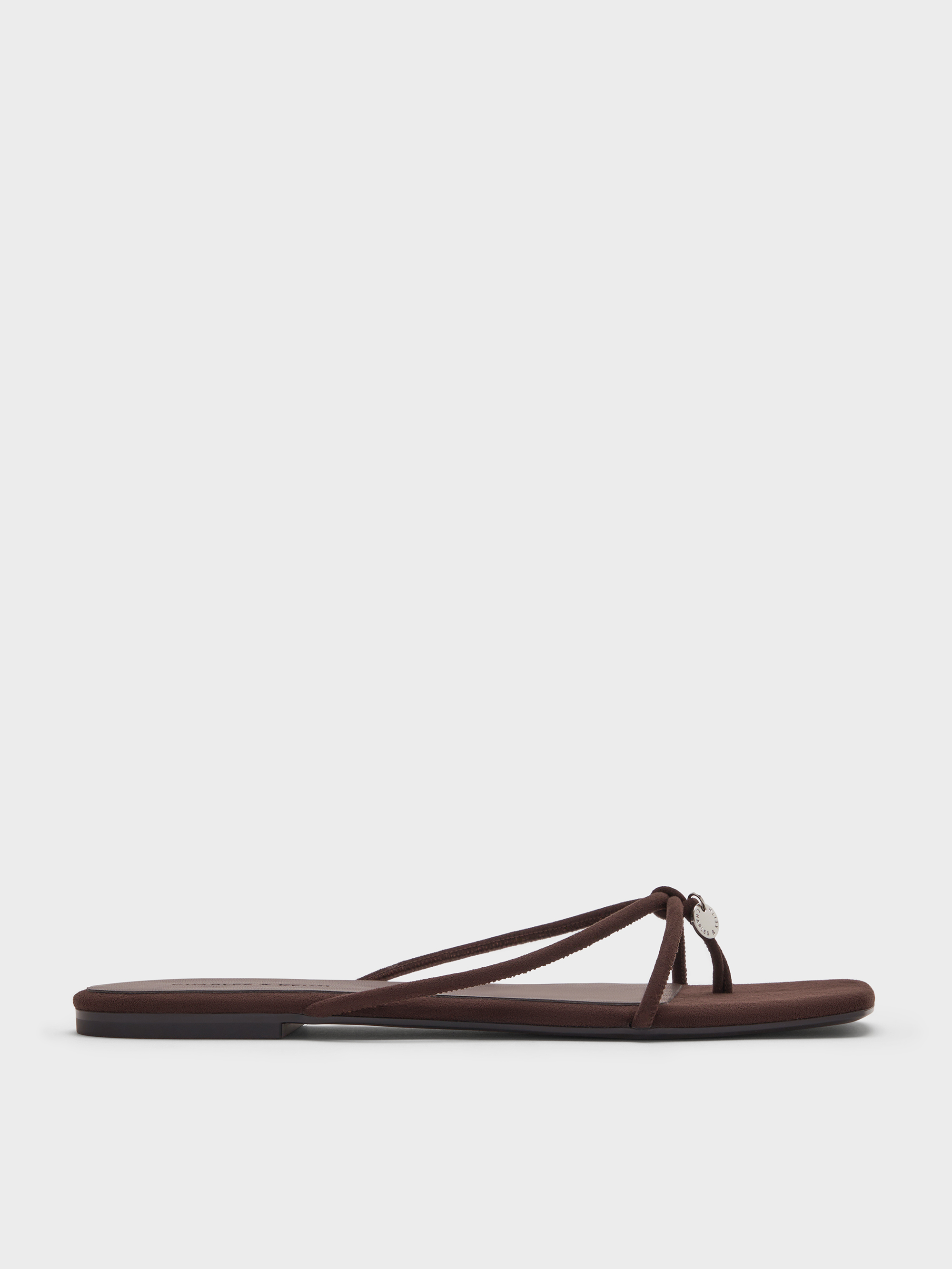 Charles & Keith - Faux Suede Metallic-charm Strappy Thong Sandals In Brown