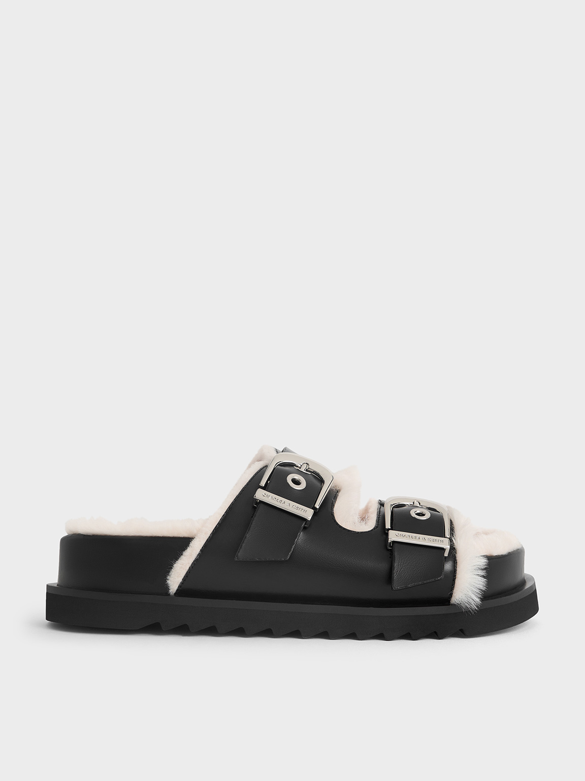 Charles & Keith - Hannah Furry Buckled Double-strap Sandals In Black