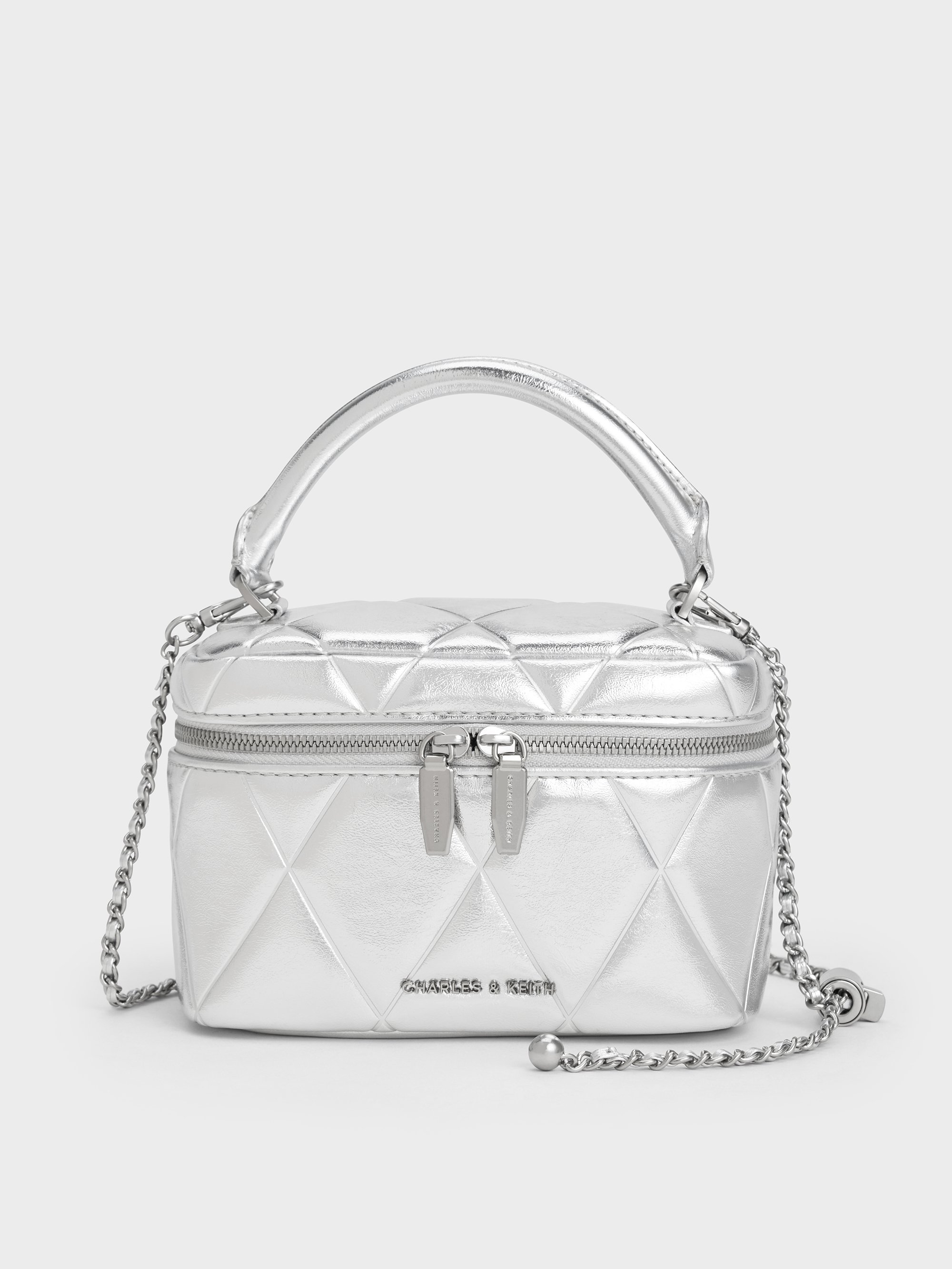 Charles & Keith - Arwen Metallic Quilted Top Handle Vanity Bag In Silver
