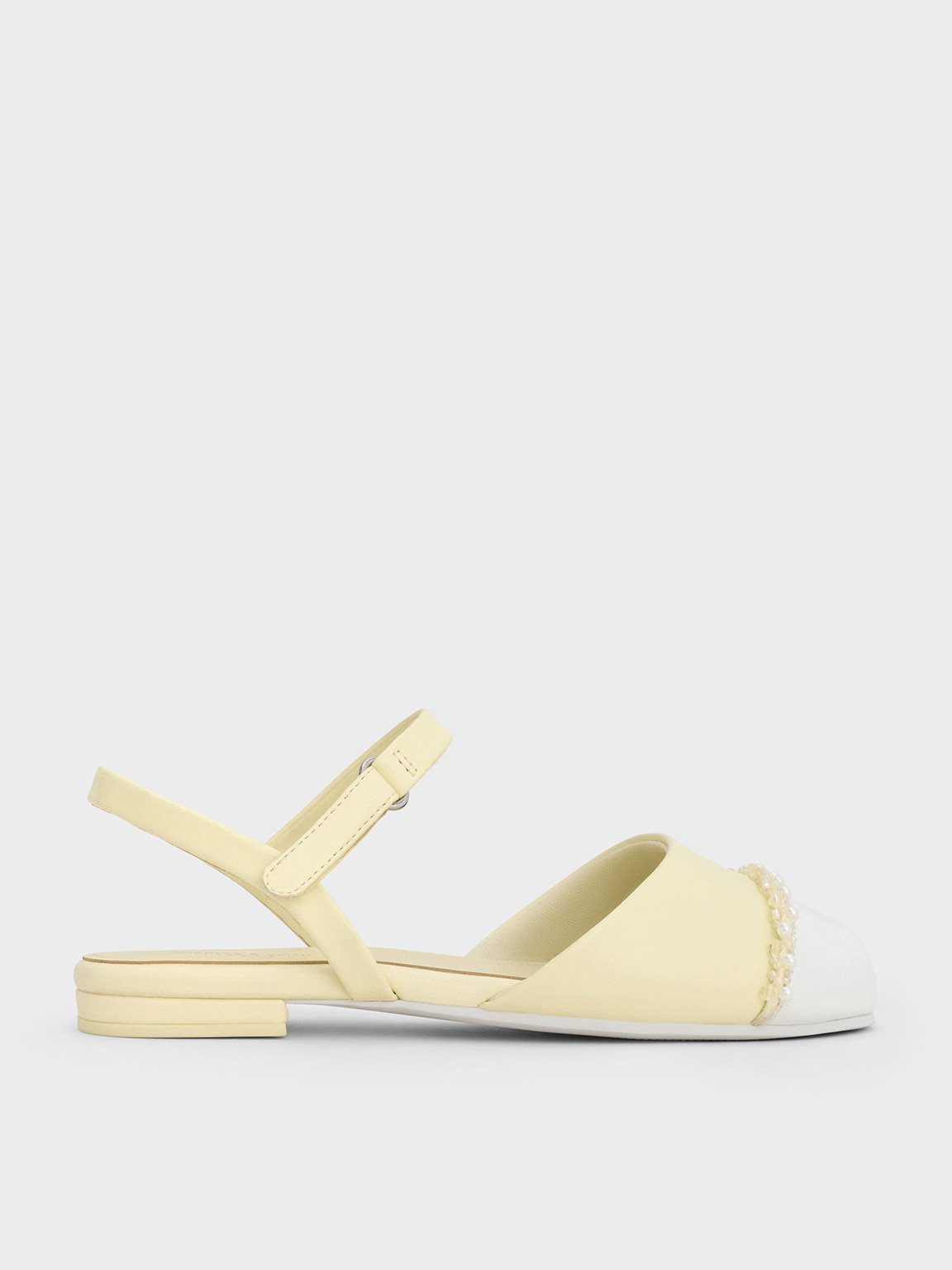 Charles & Keith - Girls' Pearl-embellished Cap-toe Ankle-strap Flats In Butter