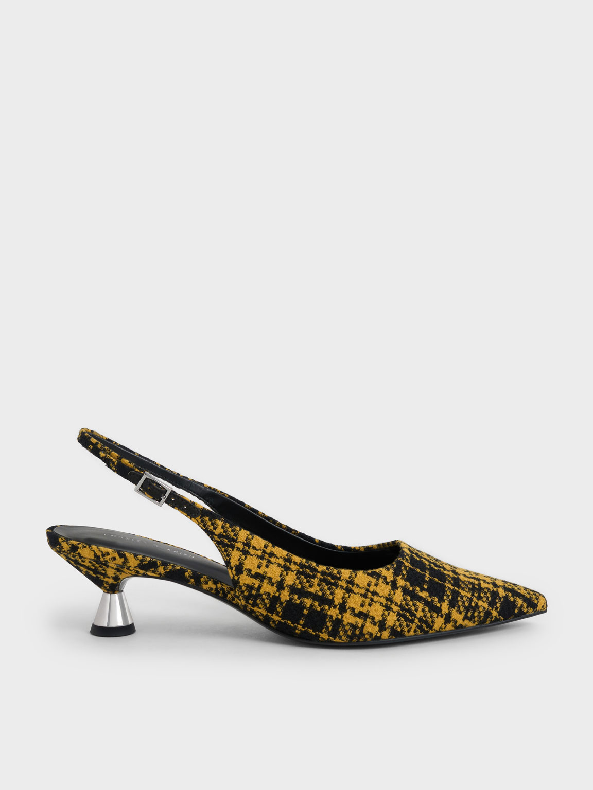 Yellow Checkered Spool Heel Slingback Pumps - CHARLES & KEITH AU