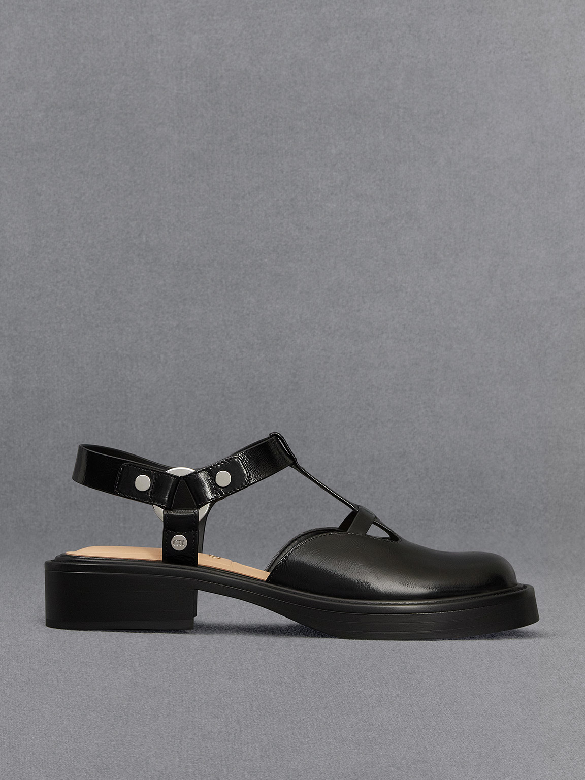 Shop Charles & Keith - Leather Cut-out T-bar Mary Jane Flats In Black