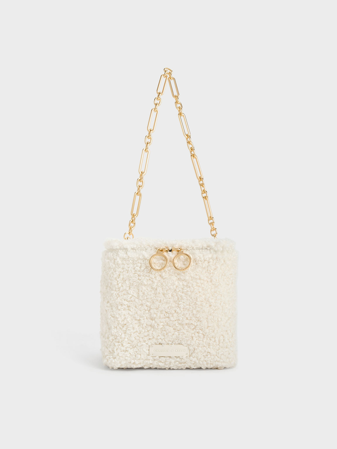 Charles & Keith Cyrus Furry Boxy Chain-handle Bag In Cream