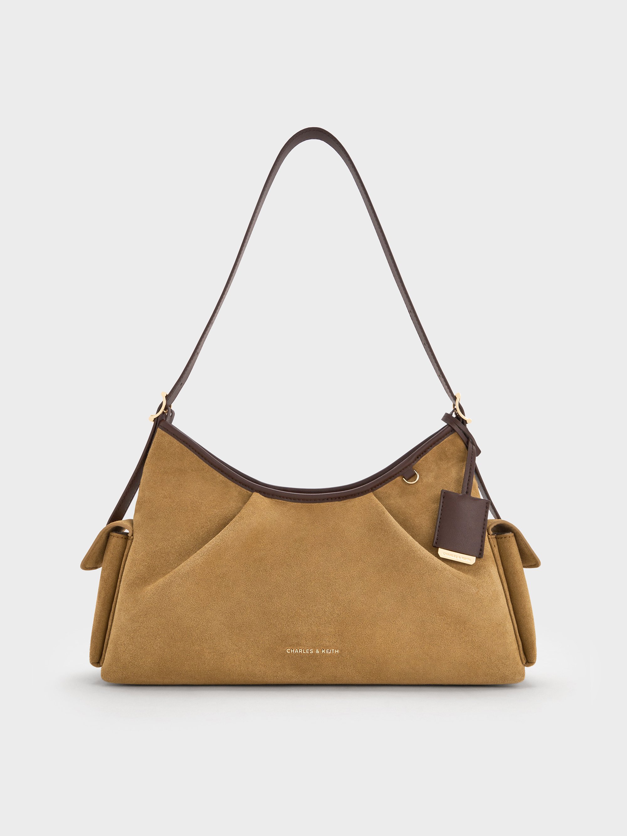 Charles & Keith - Khai Recycled Suede Side-pocket Shoulder Bag In Sand