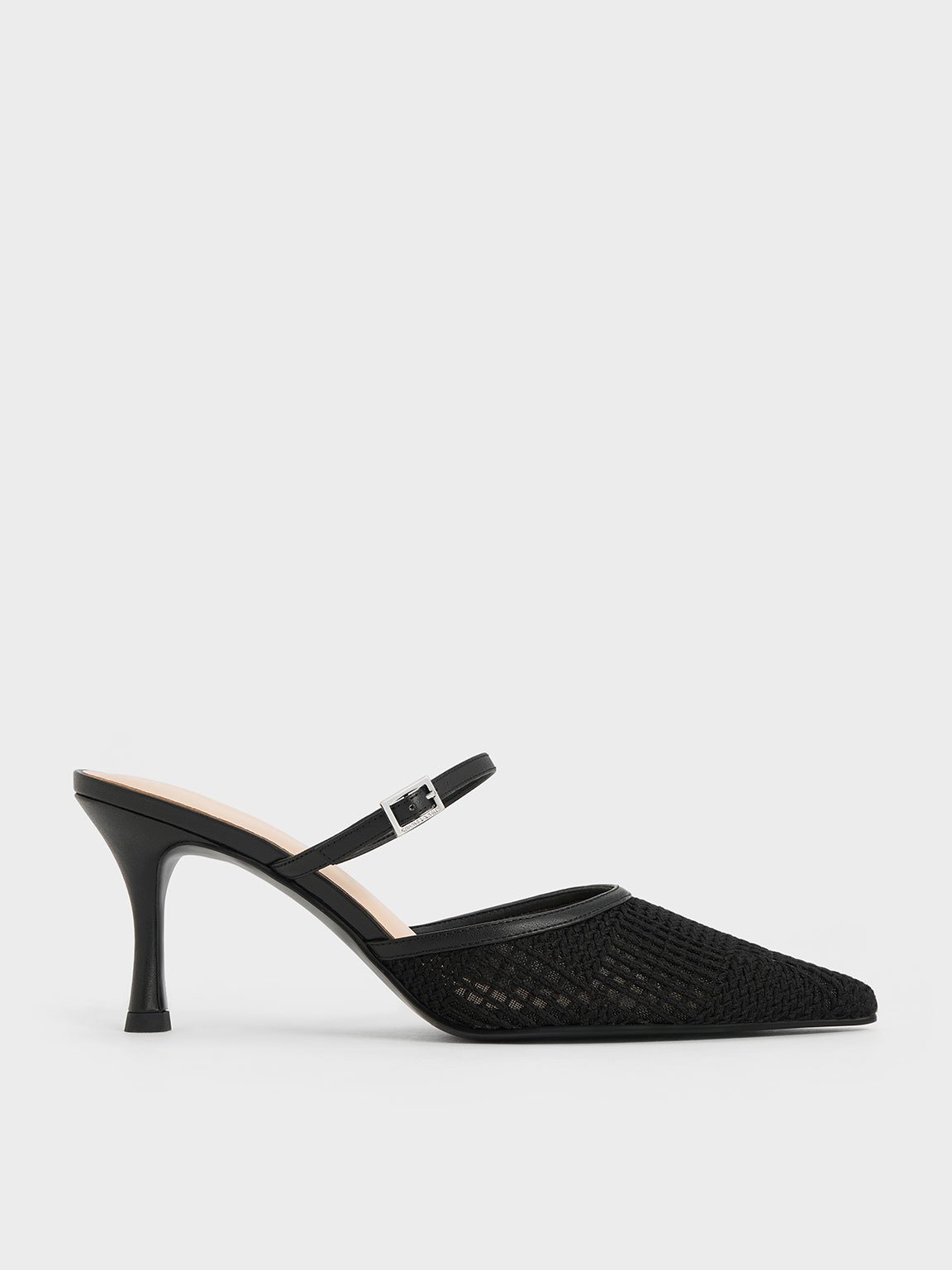 Charles & Keith Mesh Woven Heeled Mules In Black Textured