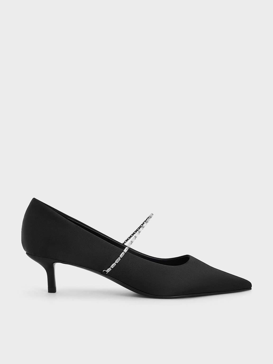 Black Textured Satin Embellished-Strap Pointed-Toe Pumps
