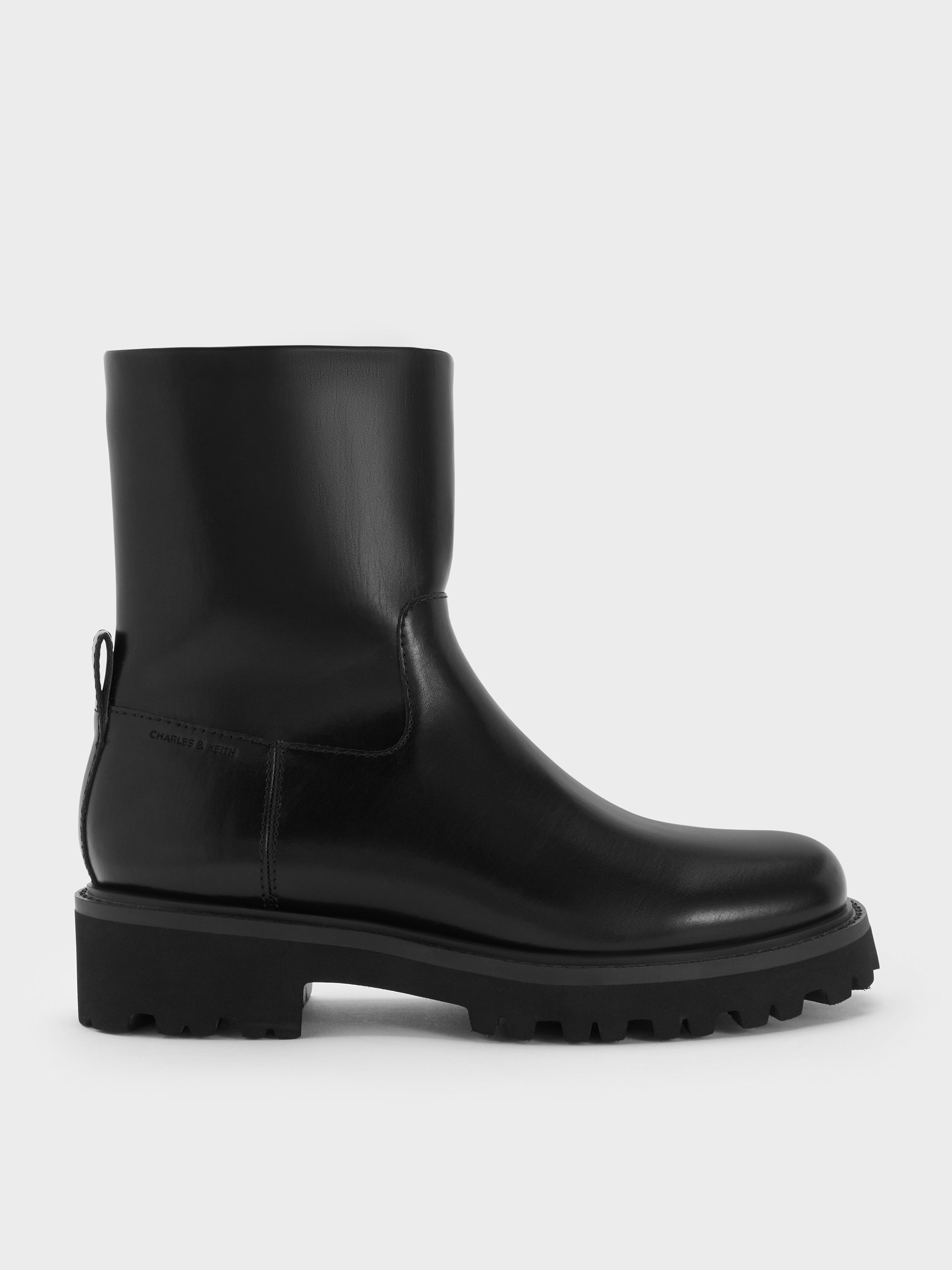 Charles & Keith - Devan Side-zip Ridged-sole Calf Boots In Black