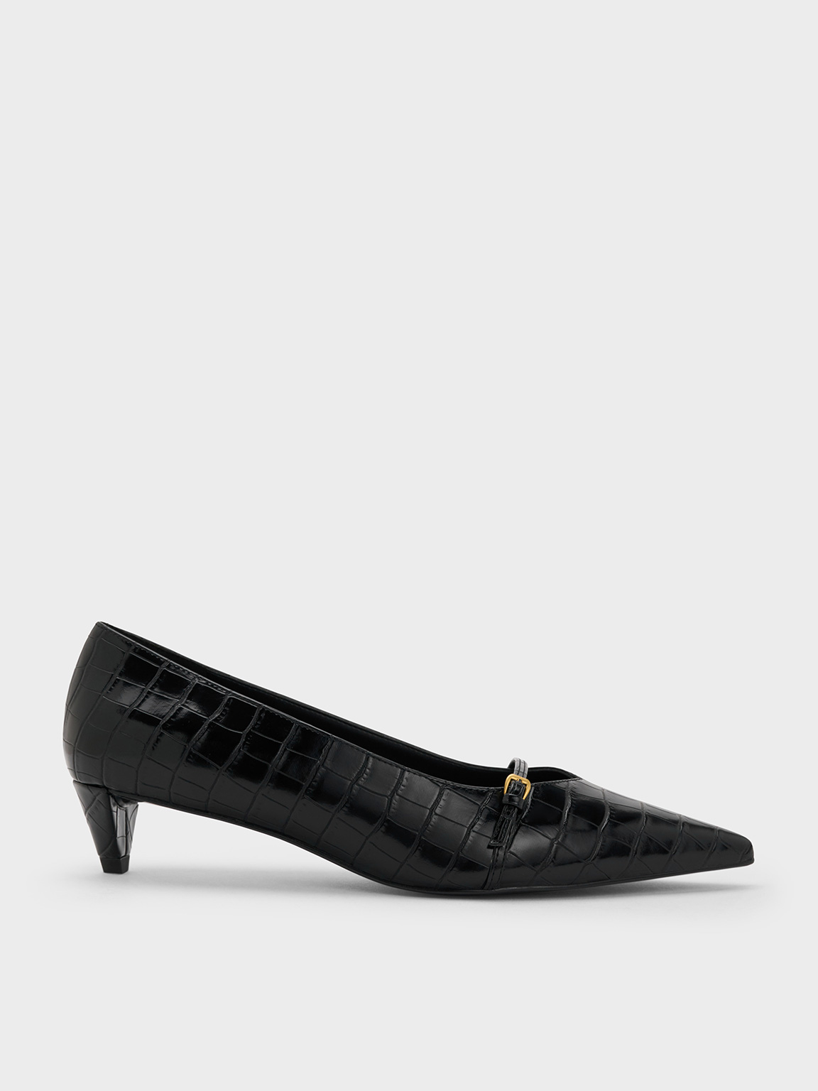 Croc-Effect Buckled Pointed-Toe Kitten-Heel Pumps - Animal Print Black ...