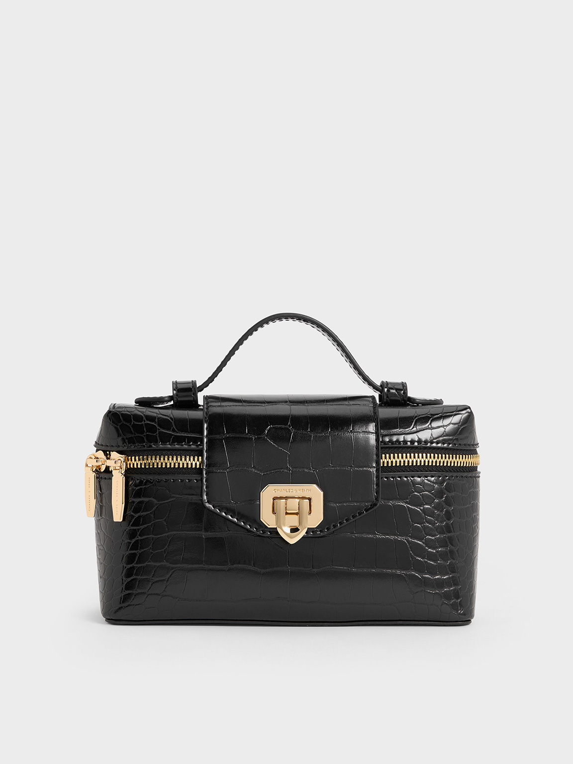 Black Arwen Croc-Effect Top Handle Vanity Bag - Black - CHARLES