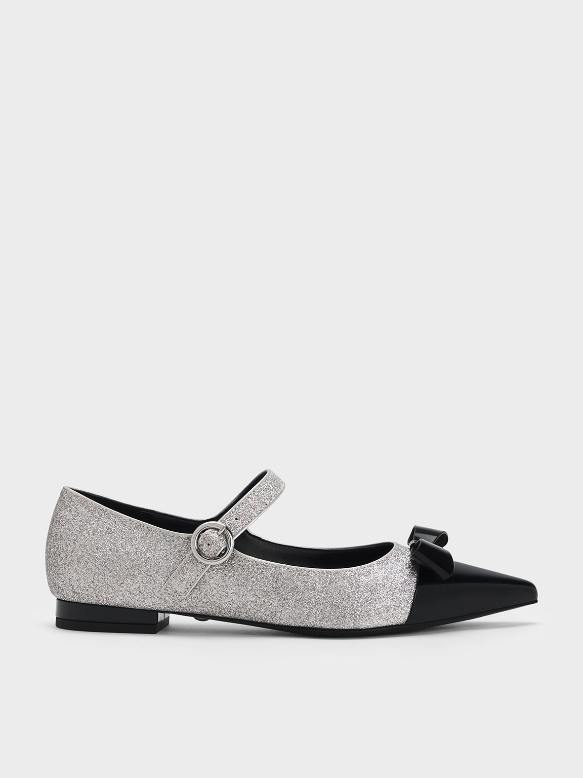 Charles & Keith Leather Glittered Bow Mary Jane Flats In Silver