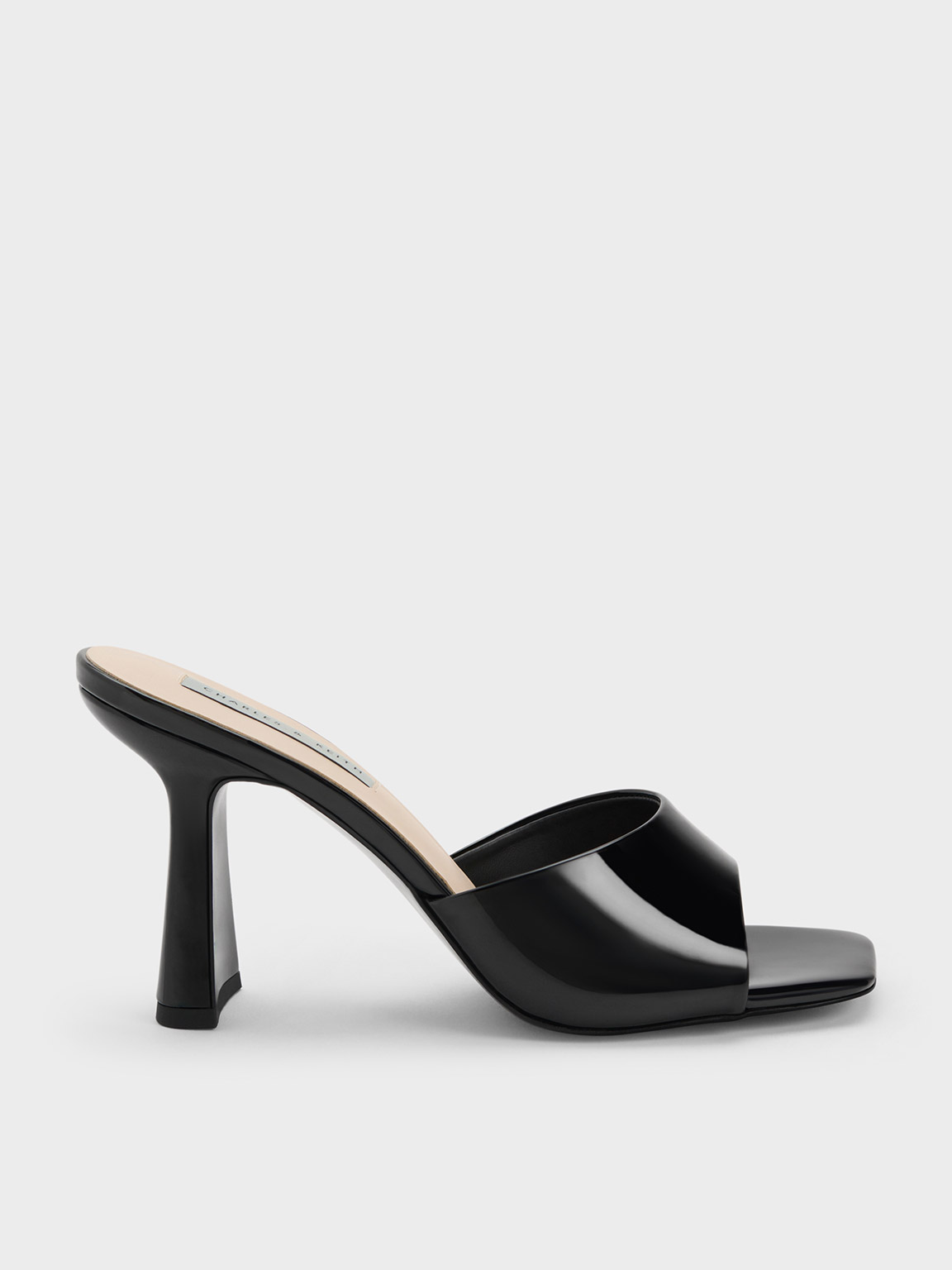 Black Patent Patent Square Toe Heeled Mules - CHARLES & KEITH SG