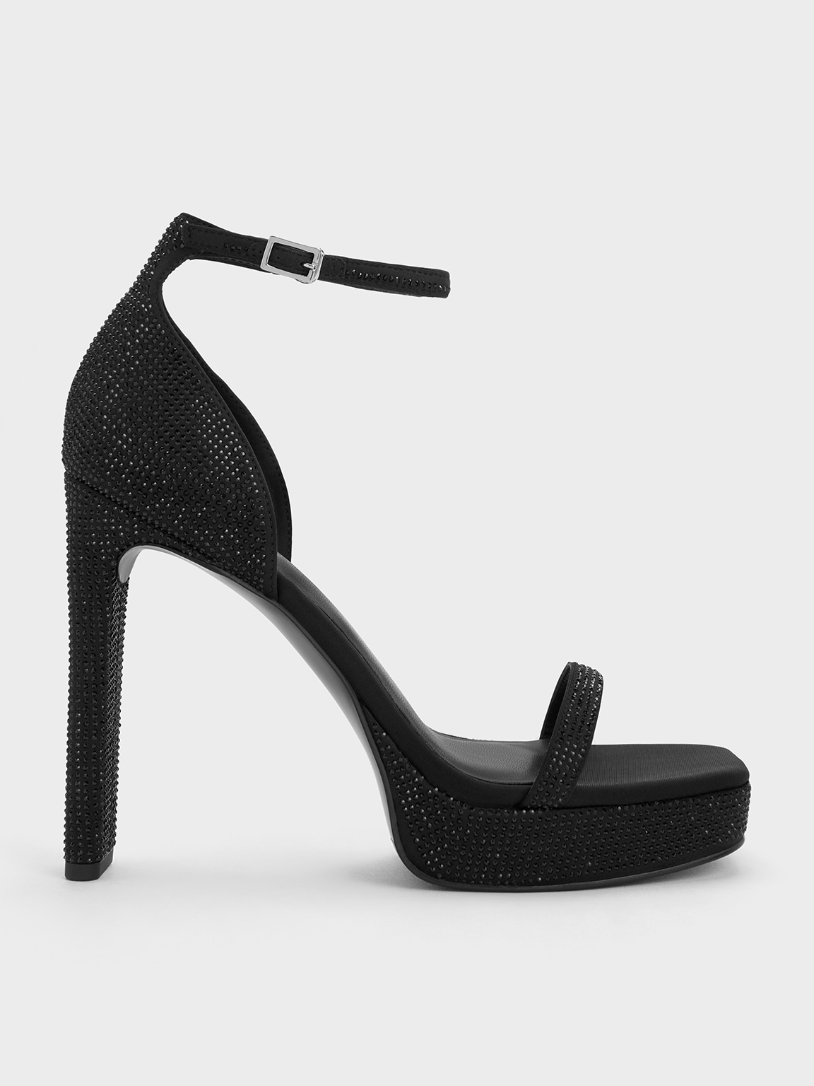 Charles & Keith Crystal Ankle-strap Platform Sandals In Black Textured