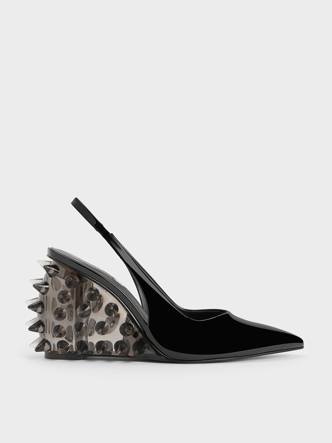 Charles & Keith Patent Spike-heel Slingback Wedges In Black Patent