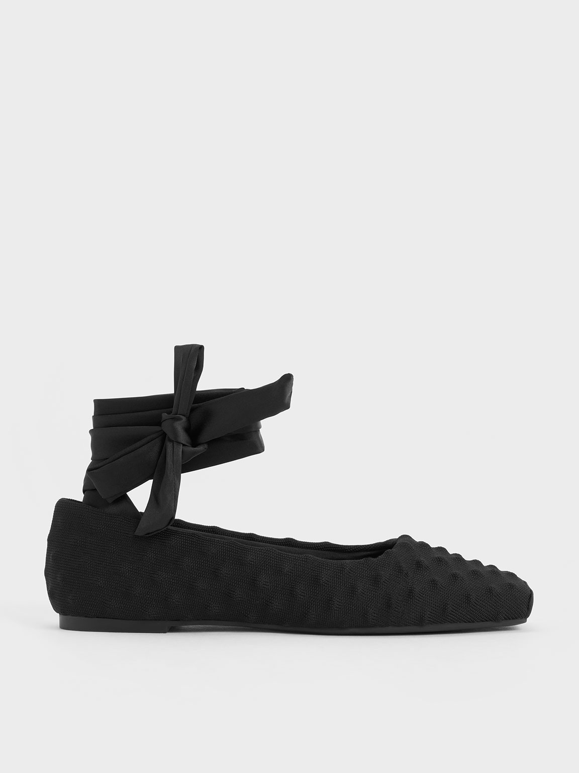 Charles & Keith Spike Textured Tie-around Ballet Flats In Black Textured