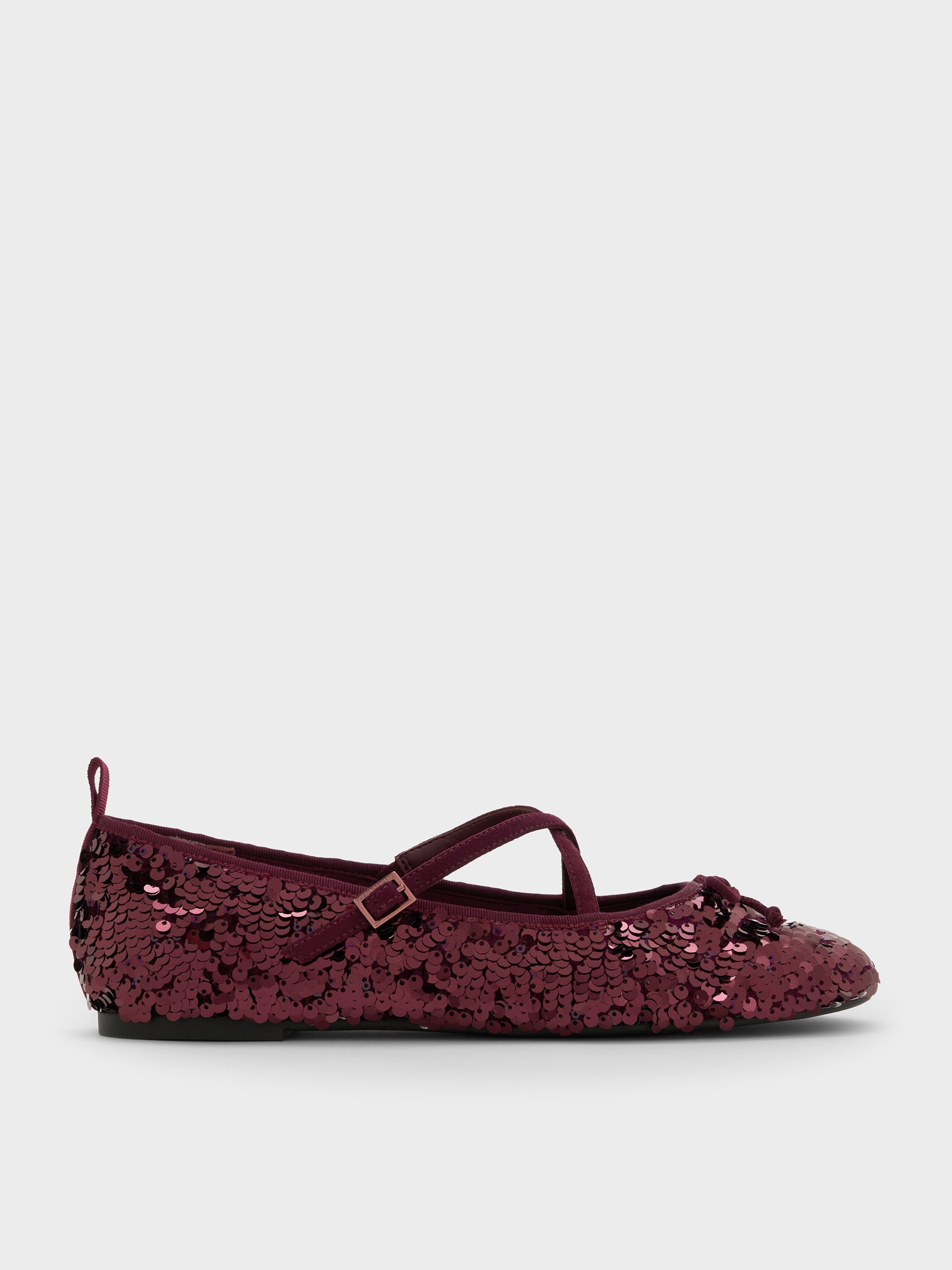 Charles & Keith - Sequinned Crossover Mary Jane Flats In Burgundy