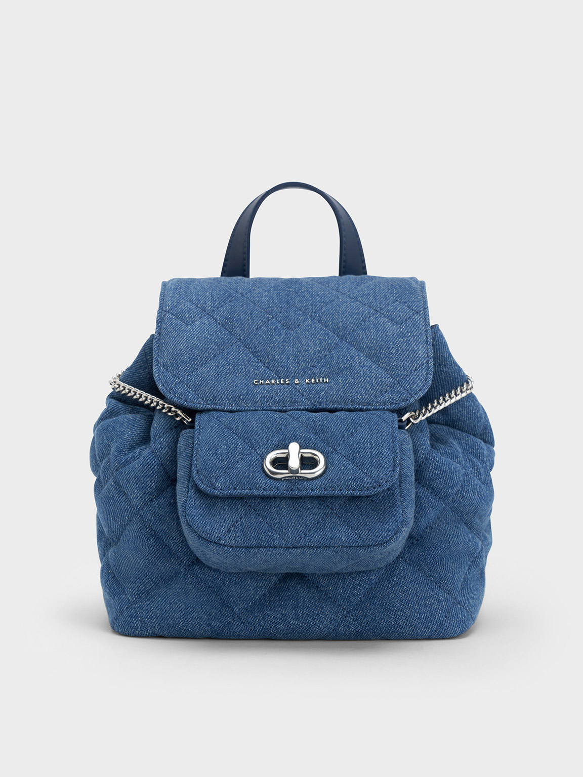 Charles & Keith Aubrielle Denim Quilted Backpack In Denim Blue