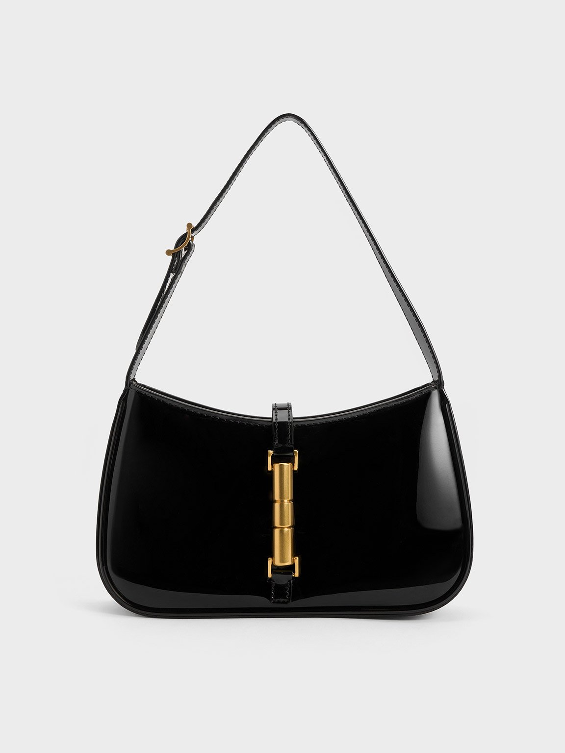 Black Cesia Patent Metallic Accent Shoulder Bag | CHARLES & KEITH