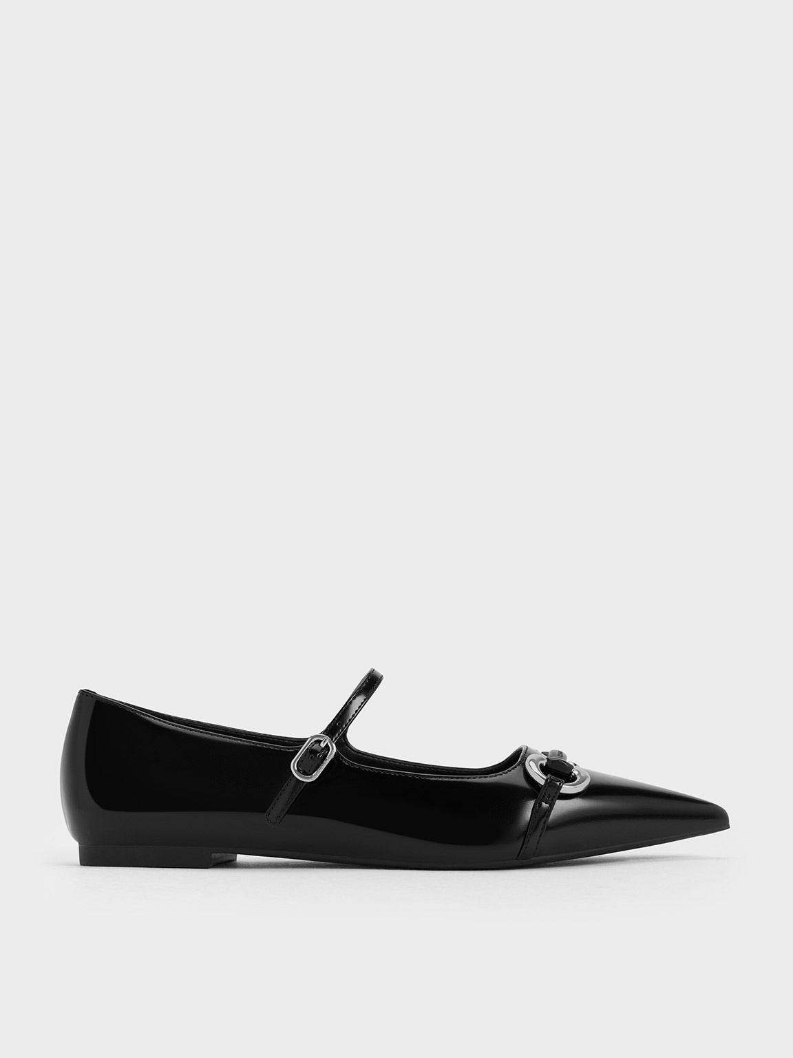 Charles & Keith Metallic Accent Pointed-toe Mary Janes In Black Box