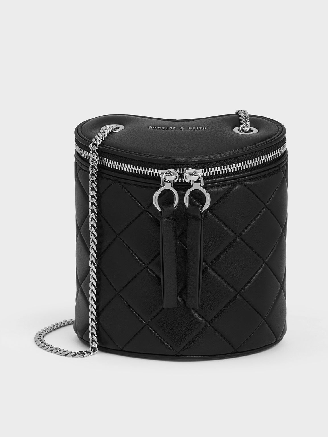 Charles & Keith Philomena Quilted Heart Cylindrical Bag In Black