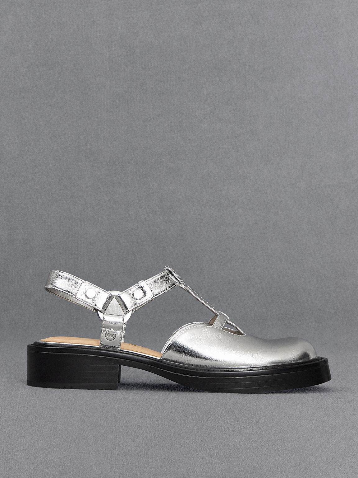Shop Charles & Keith - Metallic Leather Cut-out T-bar Mary Jane Flats In Silver