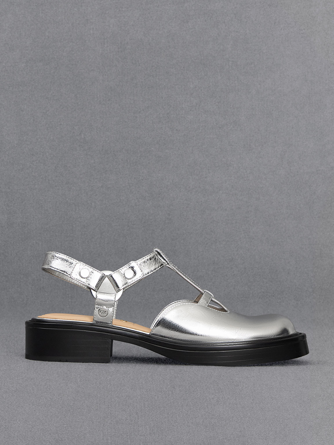Metallic Leather Cut-Out T-Bar Mary Jane Flats - Silver - CHARLES 