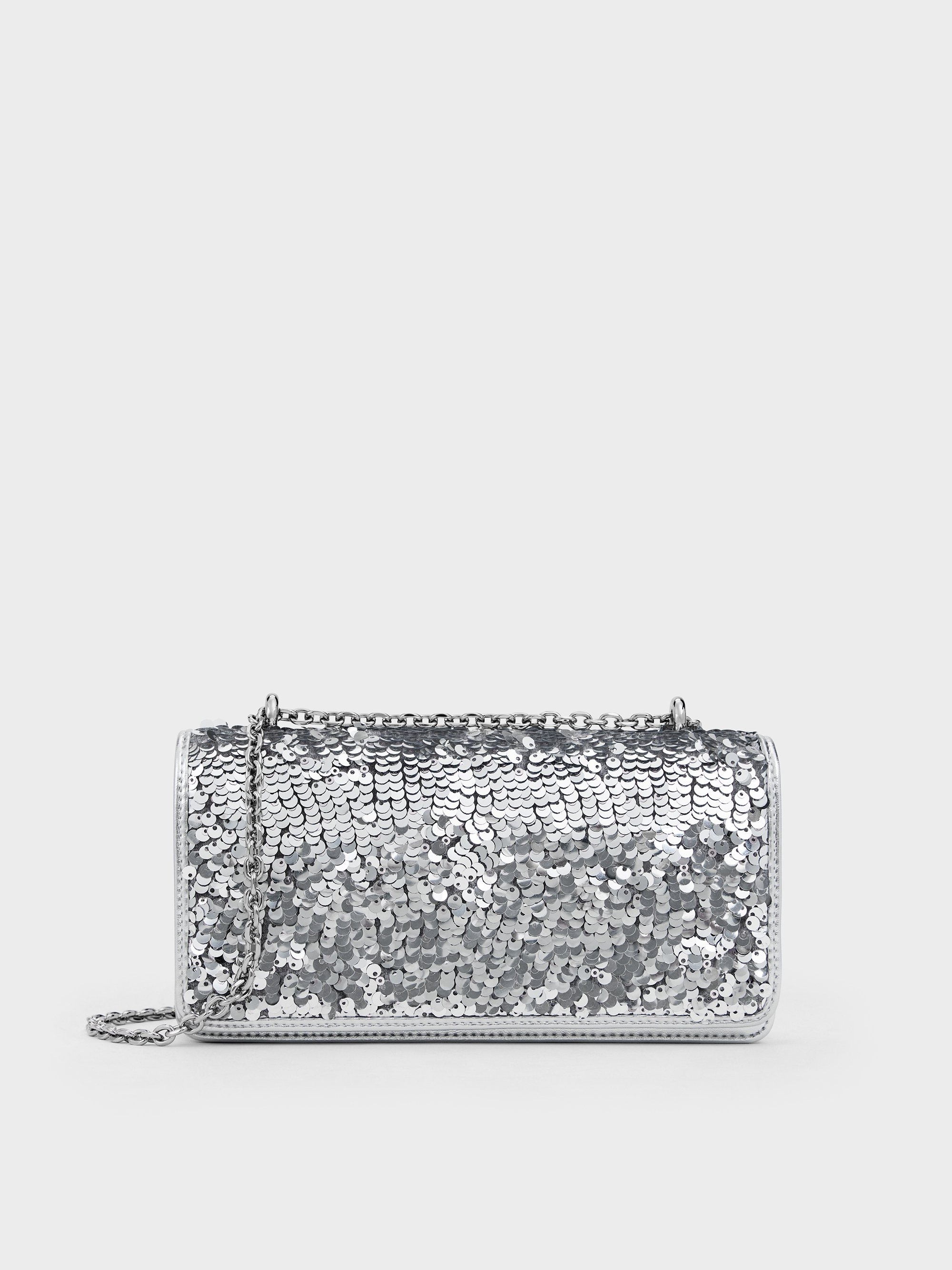 Charles & Keith - Paffuto Sequinned Wallet On Chain In Silver