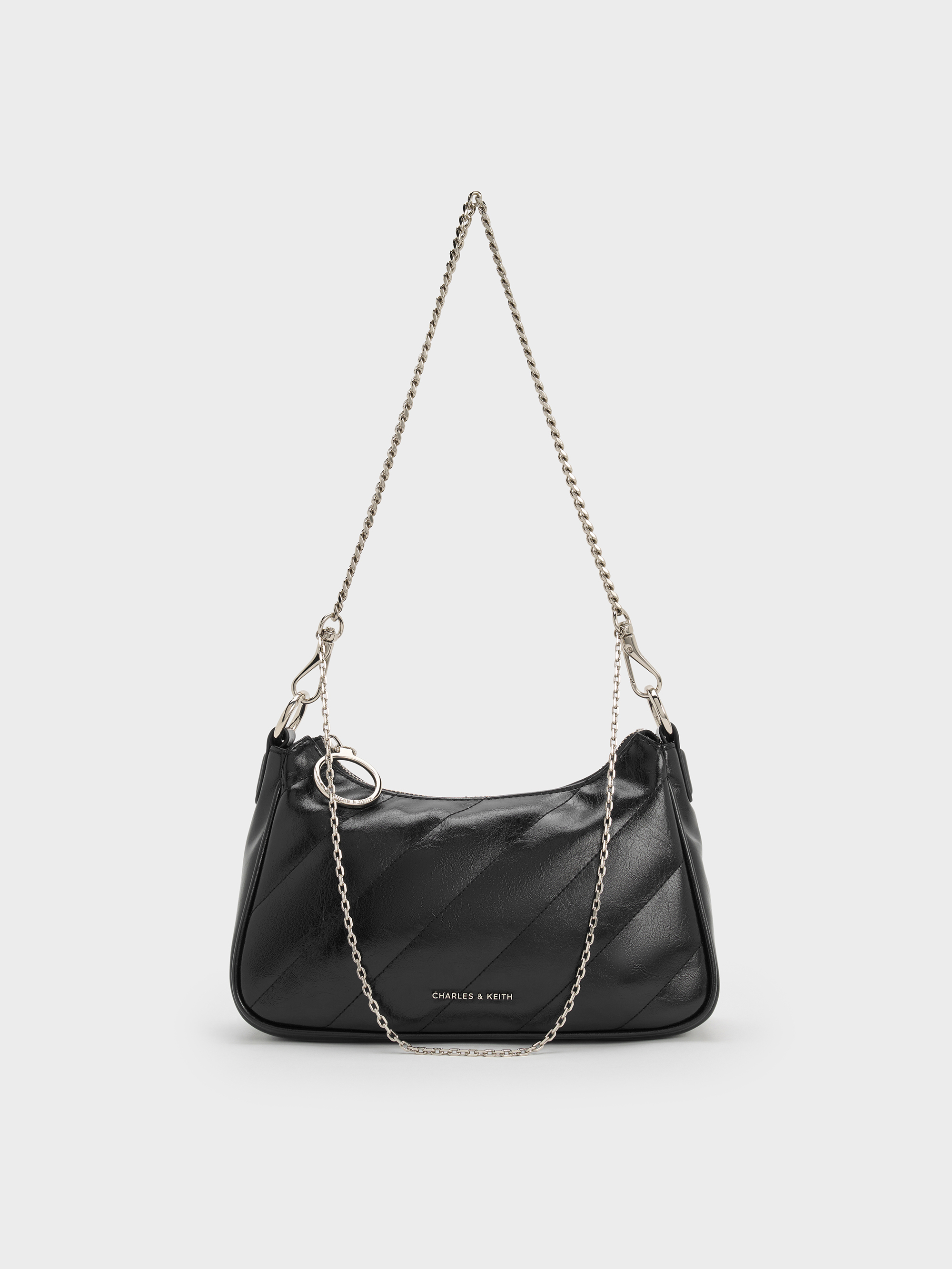 Charles & Keith - Philomena Crinkle-effect Chain-strap Crossbody Bag In Black