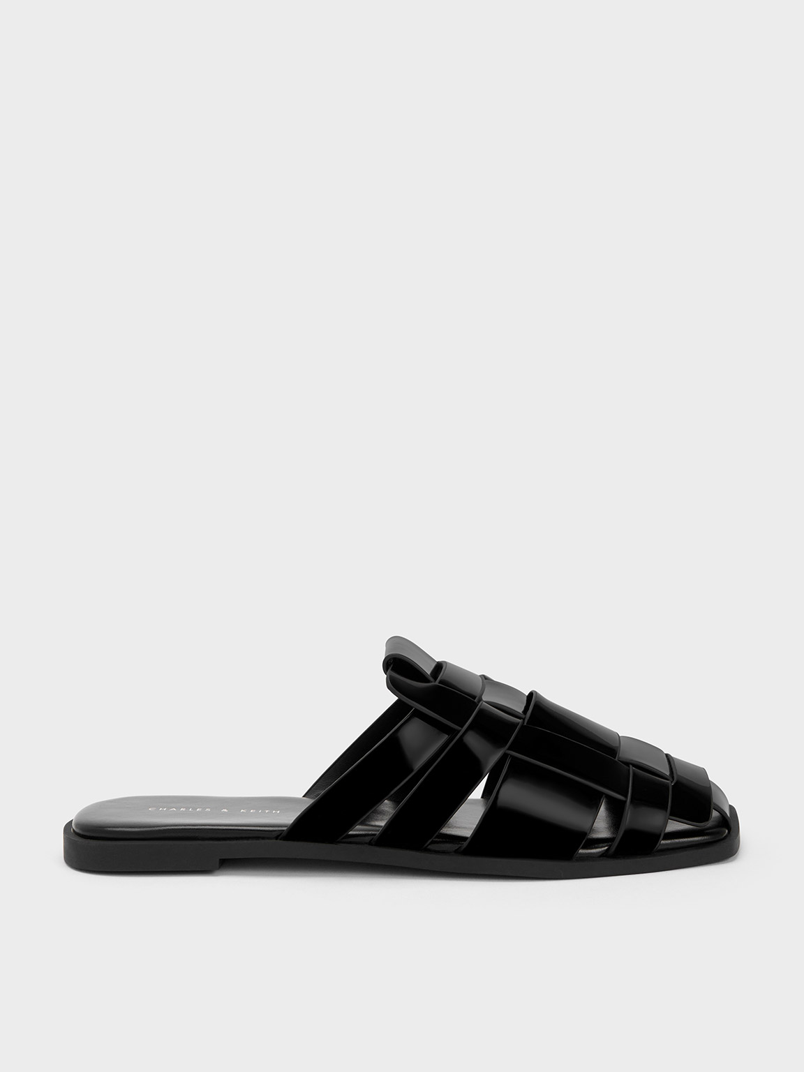Black Patent Patent Woven Flat Mules - CHARLES & KEITH SG