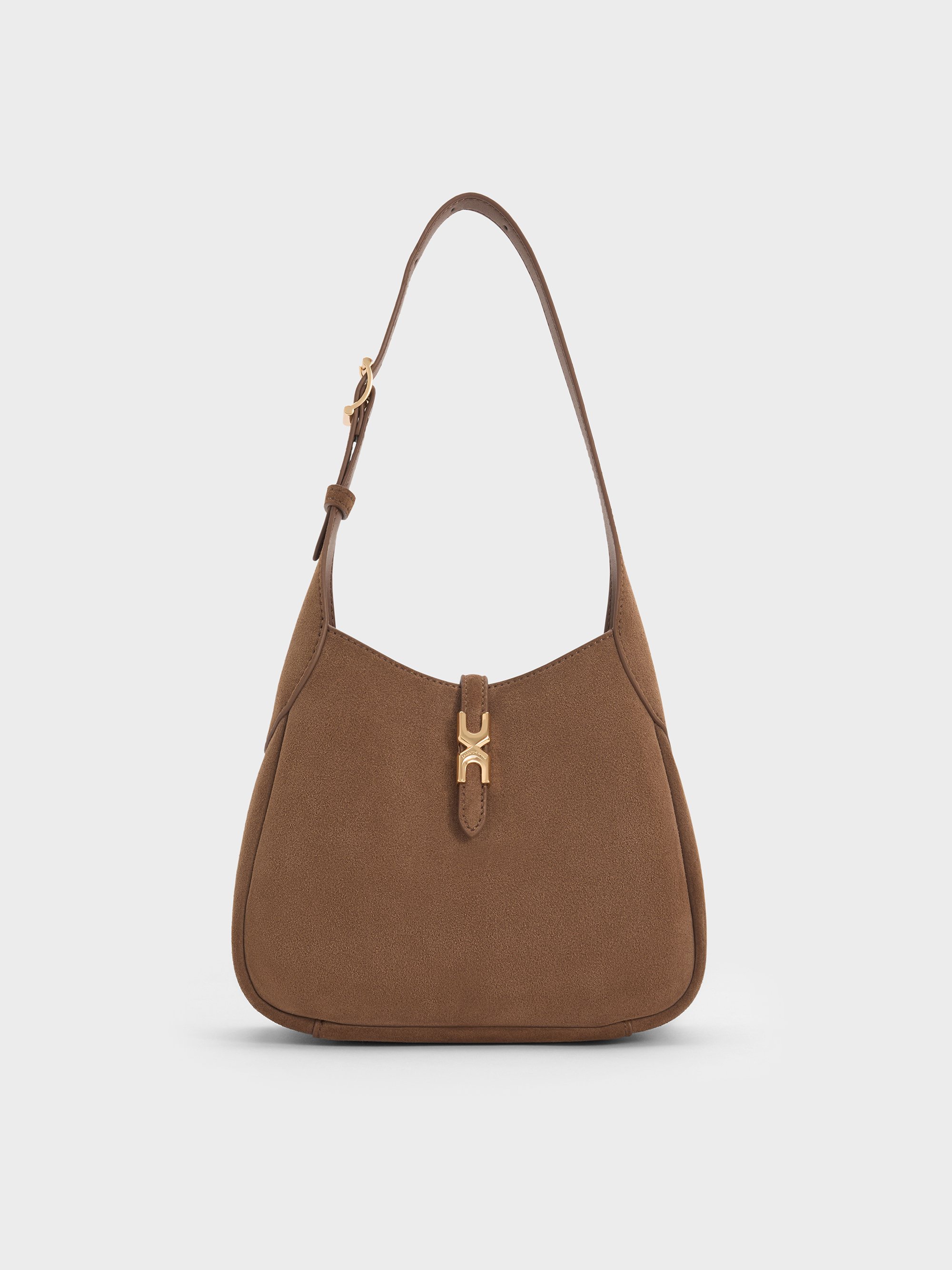 Charles & Keith - Mini Adalyn Recycled Suede Metallic-buckle Belted Hobo Bag In Brown