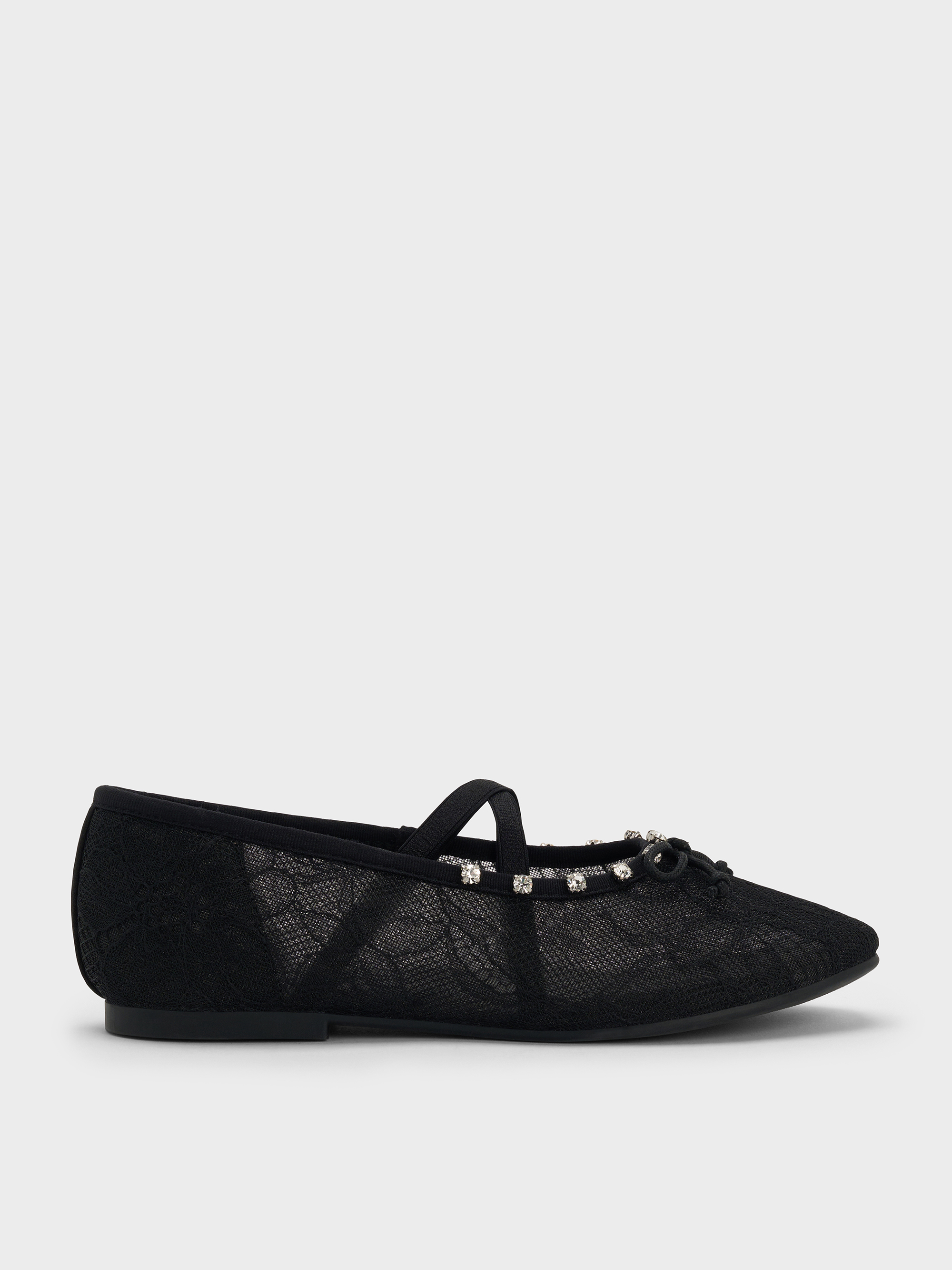 CHARLES & KEITH - Girls' Lace Crystal Crossover Ballet Flats