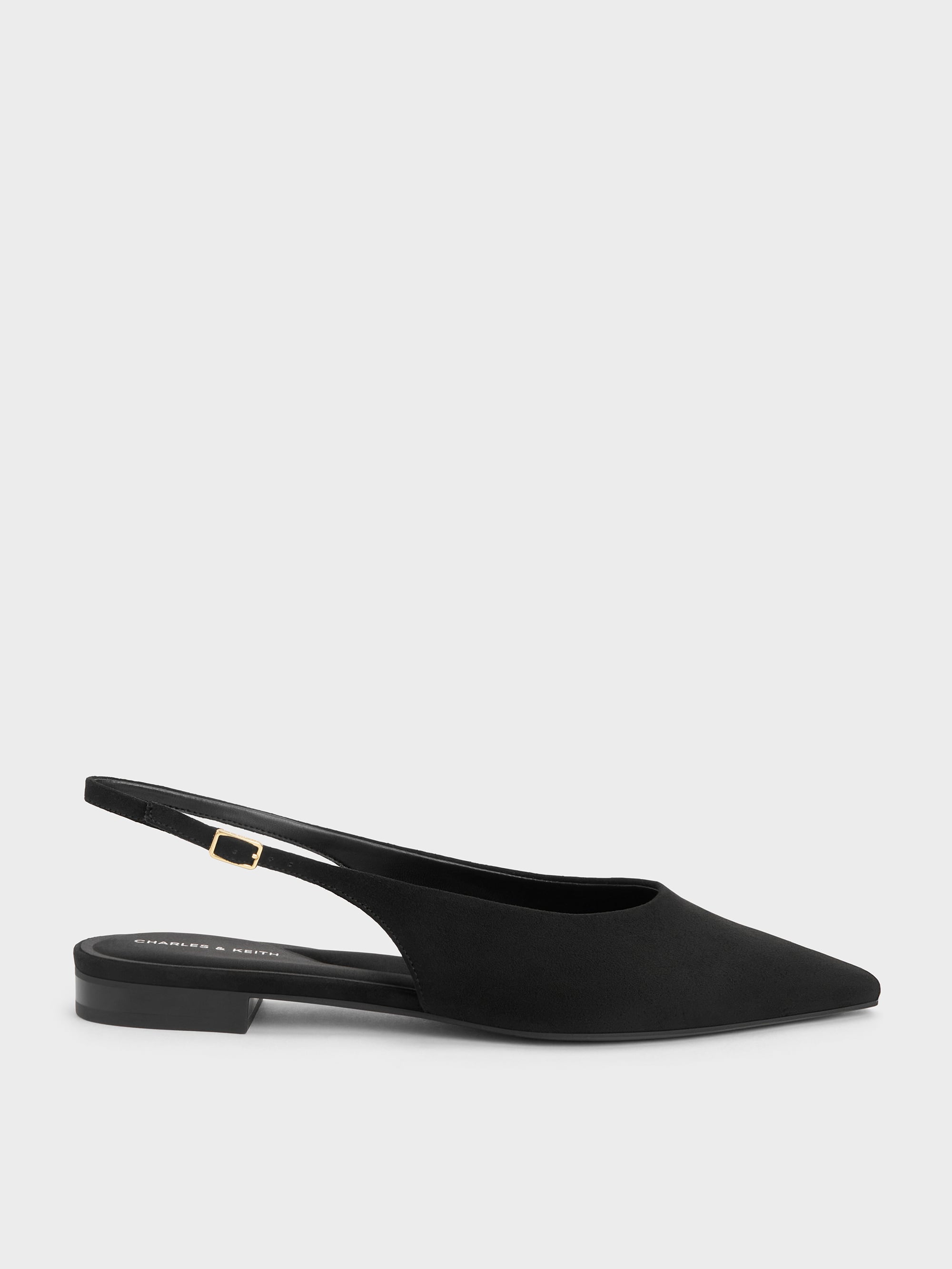 Emelia Faux Suede Slingback Flats - Black Textured - CHARLES