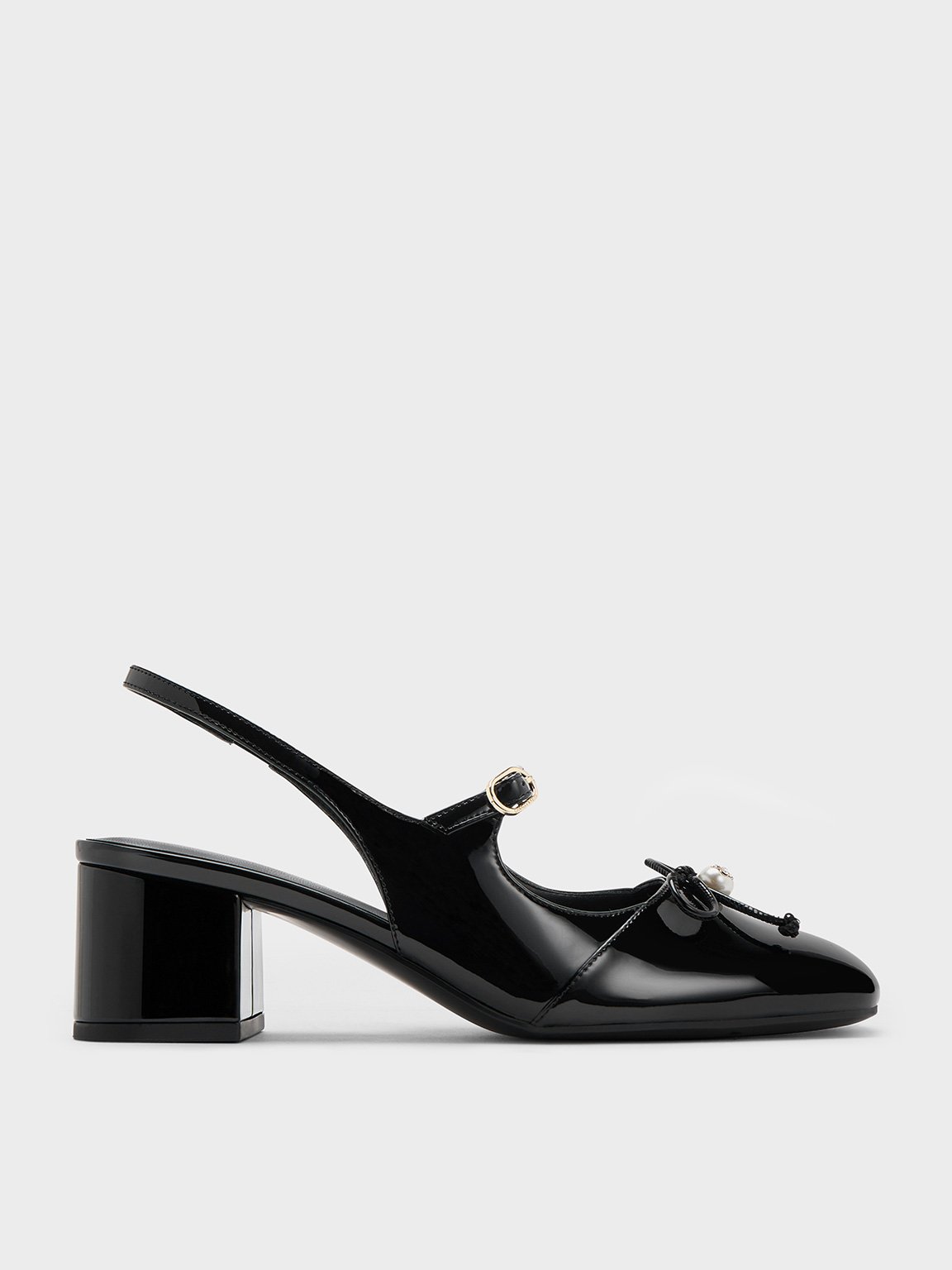 【中古】 Boum CharlesTrenet Black Patent Bow Crystal-Pearl Slingback Mary Jane Pumps
