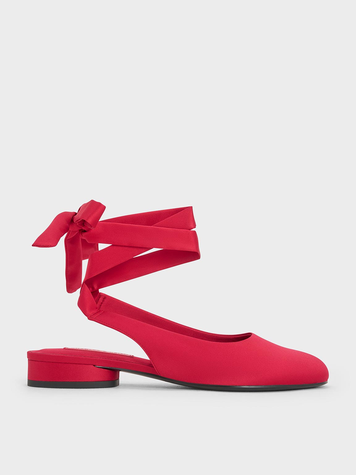 Red Satin Tie-Around Ballet Flats - CHARLES & KEITH