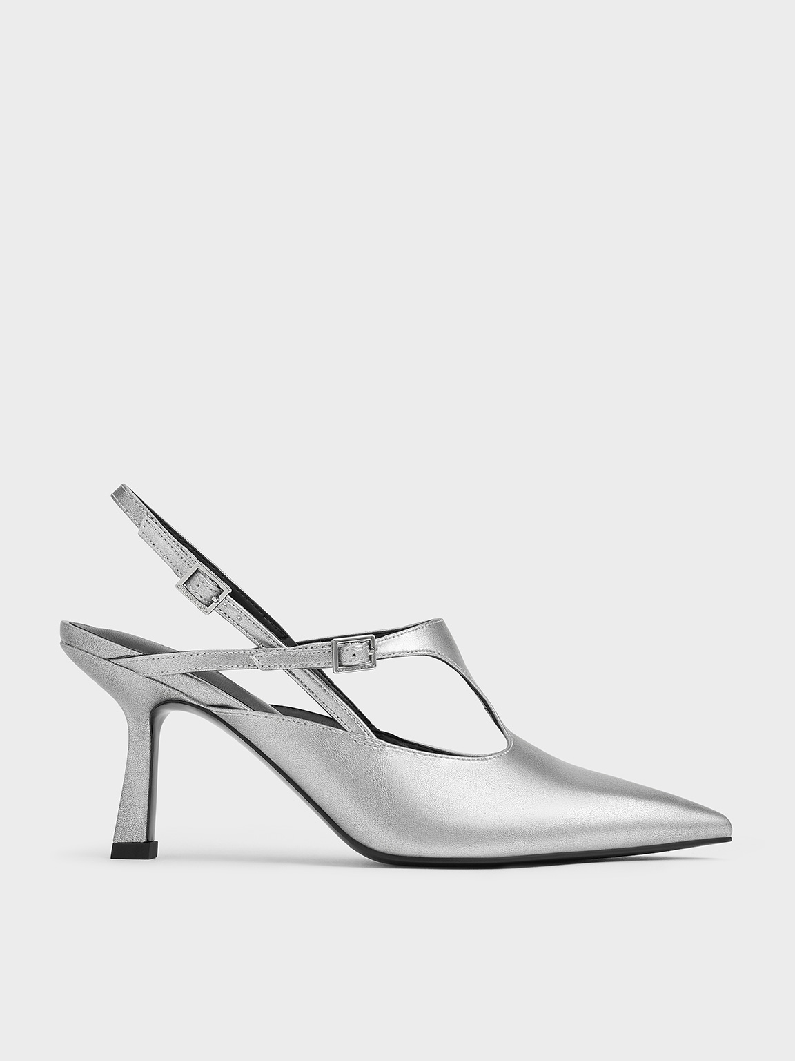 Silver Metallic Cut-Out Pointed-Toe Slingback Pumps