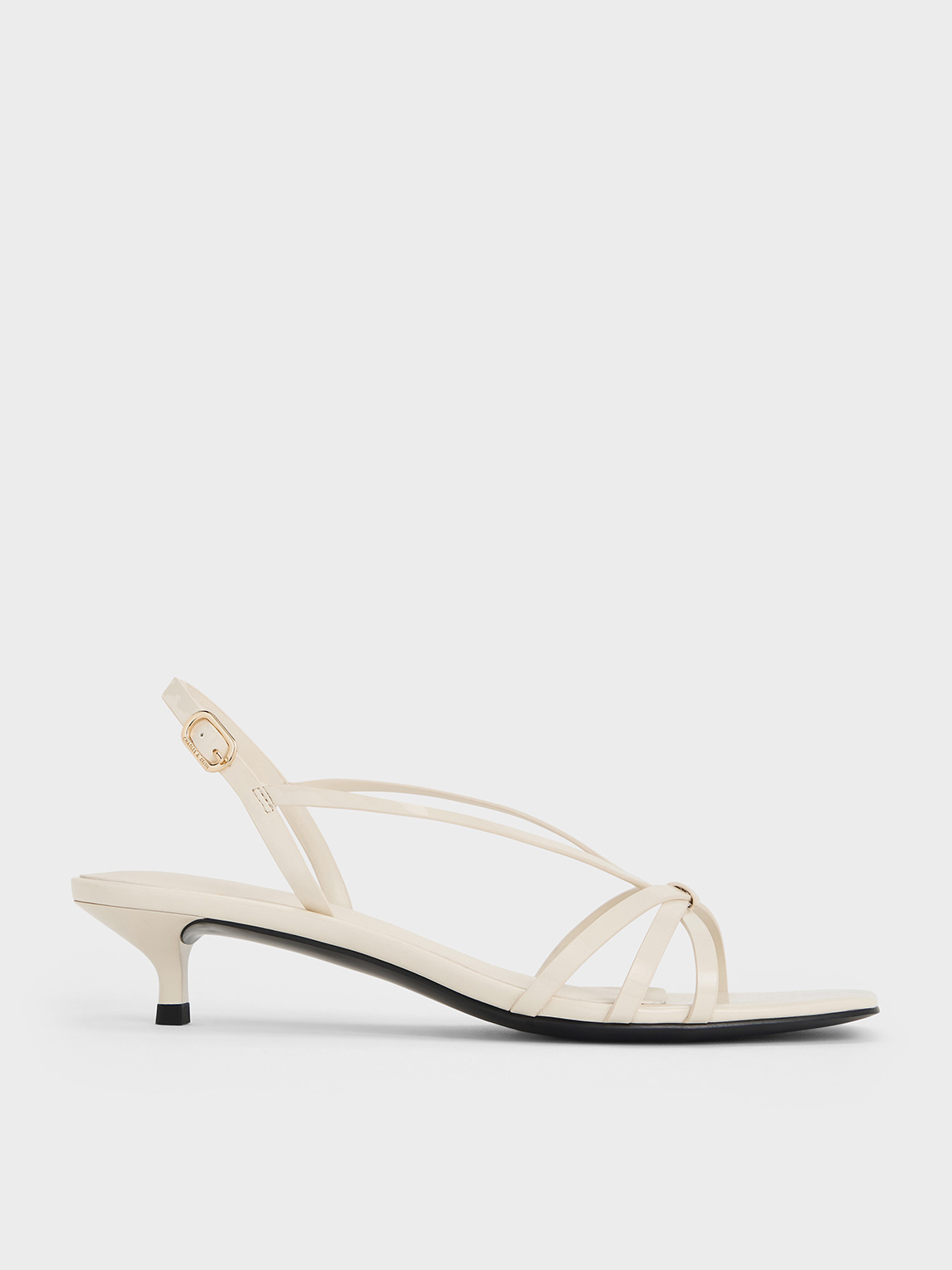 Chalk Patent Kitten-Heel Strappy Sandals | CHARLES & KEITH