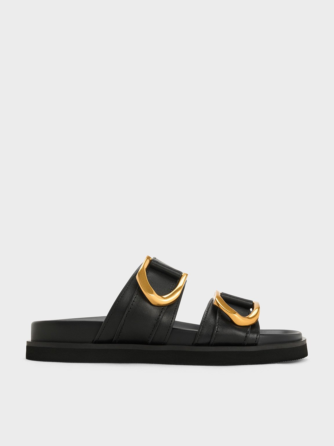 Charles & Keith - Gabine Buckled Leather Slides In Black