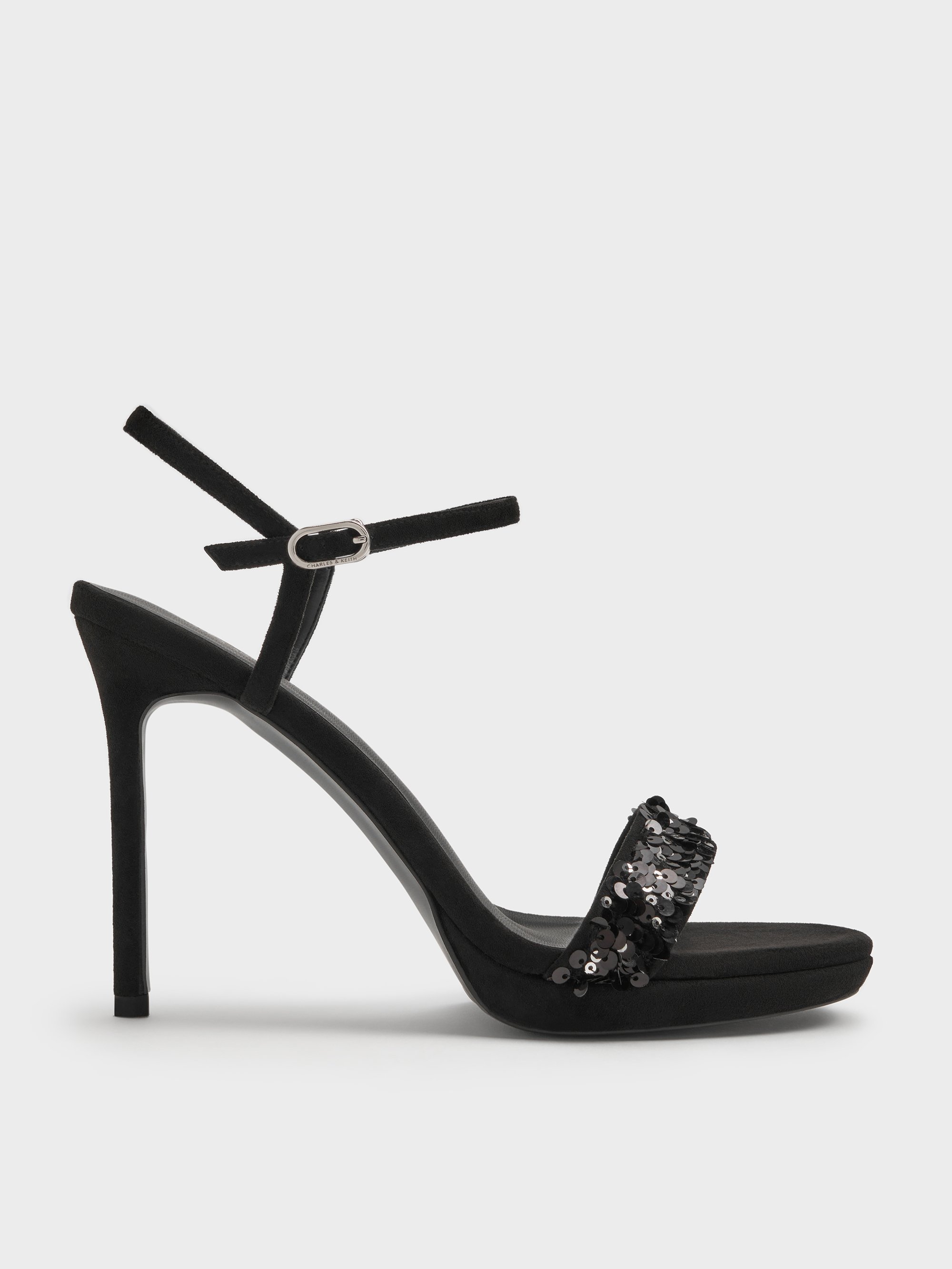 Charles & Keith - Sequinned Ankle-strap Stiletto Sandals In Black